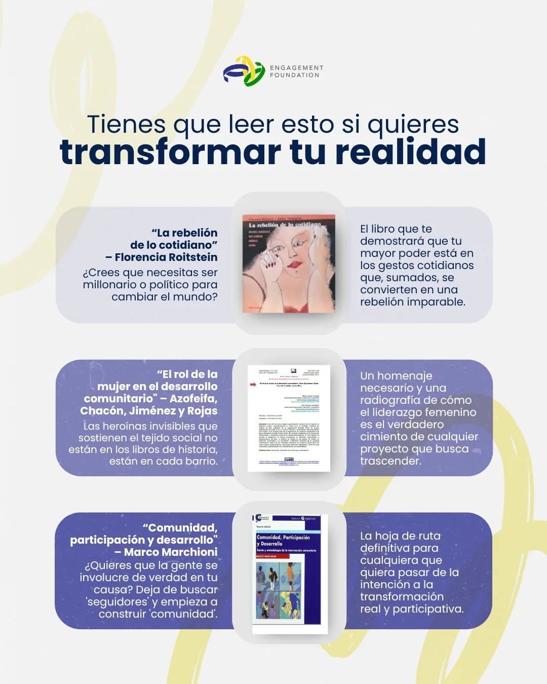 Más allá de las buenas intenciones.
📚 Conoce estos 3 libros para quienes quieren transformar su realidad:
📌 “La rebelión de lo cotidiano" de Florencia Roitstein retrata a 23 mujeres latinoamericanas que decidieron que "lo normal" no era suficiente. ¿Es acaso la generosidad una estrategia política o un genuino acto de caridad?
📌“El rol de la mujer en el desarrollo comunitario" de Azofeifa, Chacón, Jiménez y Rojas es un golpe de realidad sobre la "triple jornada" de la mujer. Expone en valor cómo las mujeres rurales y comunitarias son agentes de cambio.
📌 “Comunidad, participación y desarrollo" de Marco Marchioni es el “manual” perfecto para pasar de una idea abstracta a un proyecto real gestionando el conjunto de relaciones, demandas y recursos que representan las comunidades.
¿Ya los conocías? 🤔
¿Cuál de estos leerás primero para potenciar tu impacto? 🪄
.
.
.
#DesarrolloComunitario #ParticipaciónyDesarrollo #Librosdelmes #Lecturaconpropósito