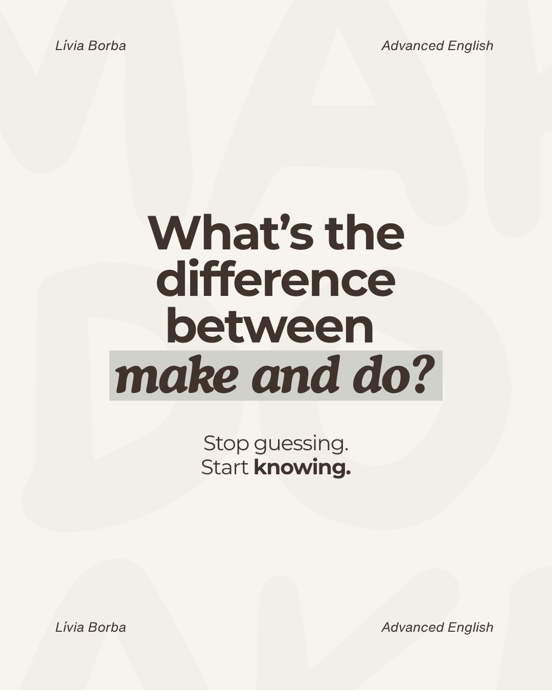 A lot of learners get stuck trying to understand the difference between make and do.
And it makes sense — it feels like something you *should* be able to explain.
But the truth is: these differences aren’t always clear or consistent. So instead of relying on rules, a better strategy is to pay attention to how the language is actually used.
👉 make a mistake
👉 do your best
👉 make an effort
These combinations appear again and again. And over time, they start to feel natural.
That’s how fluency develops — not from memorising explanations, but from recognising patterns and coming back to them. So next time you catch yourself asking “What’s the difference?”
Try asking:
👉 “How is this usually used?”