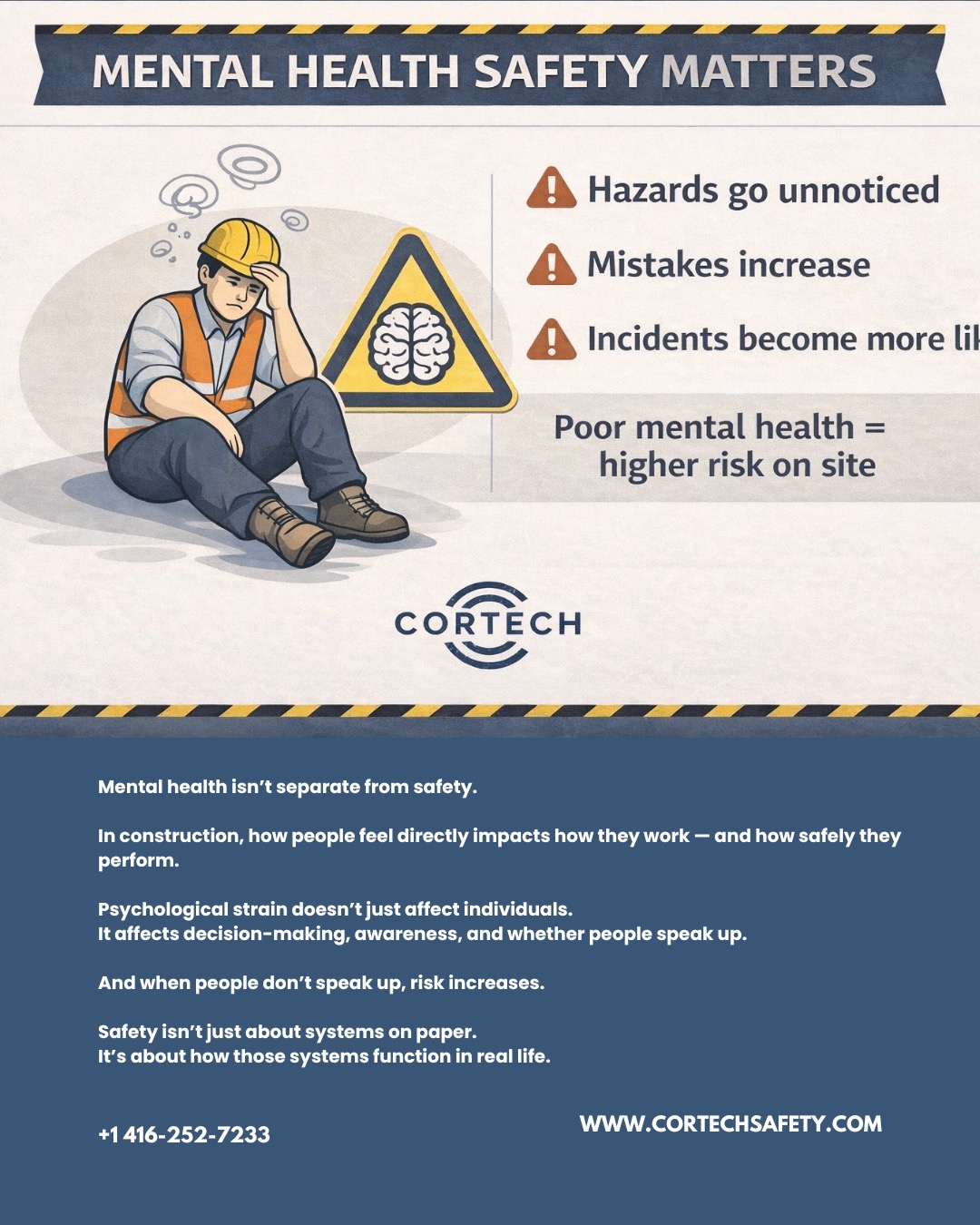 👷♂️ 🤔 Mental health isn’t separate from safety.
In construction, how people feel directly impacts how they work — and how safely they perform.
Psychological strain doesn’t just affect individuals.
It affects decision-making, awareness, and whether people speak up.
And when people don’t speak up, risk increases.
Safety isn’t just about systems on paper.
It’s about how those systems function in real life.
#ConstructionSafety #WorkplaceSafety #MentalHealth #OHS #Cortech
Read the full content below:
https://www.cortechsafety.com/post/why-mental-health-is-a-safety-issue-in-construction
