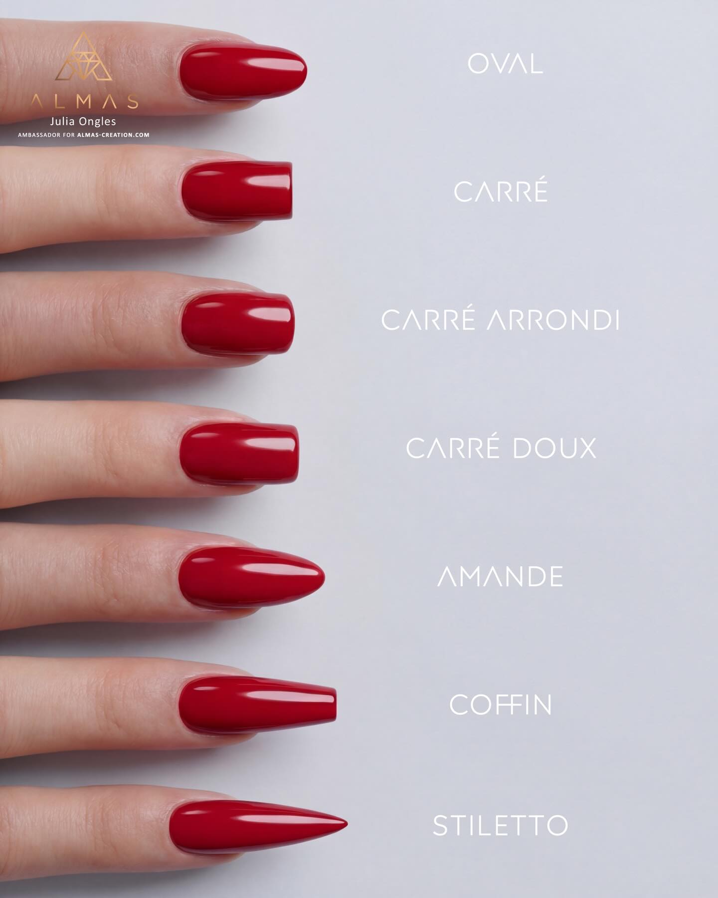 Êtes-vous sûr de toujours choisir ou conseiller la bonne forme d’ongles ? La forme peut tout changer : elle peut affiner les doigts… ou au contraire alourdir la main…👇
🔴 Oval.
Allonge visuellement les doigts.
✅Idéal pour les plaques larges et les ongles courts.
🔴 Carré.
Convient mieux aux plaques fines.
✅ Idéal pour les doigts longs.
🔴 Carré arrondi.
La forme la plus universelle.
✅ Confortable au quotidien.
🔴 Carré doux.
Une version plus douce du carré.
✅ Moins de risques de casse.
🔴 Amande.
Affine visuellement la main.
✅ Parfait pour une longueur moyenne.
🔴 Coffin.
Moderne et tendance.
✅ Idéal sur ongles longs.
🔴 Stiletto.
Un choix audacieux.
✅ Pas toujours adapté au quotidien.
💬 Et vous, quelle est ou quelles sont vos formes préférées ? 👇
#frenchnail #nailsshape #onglerie #ongleries #nailsfrench