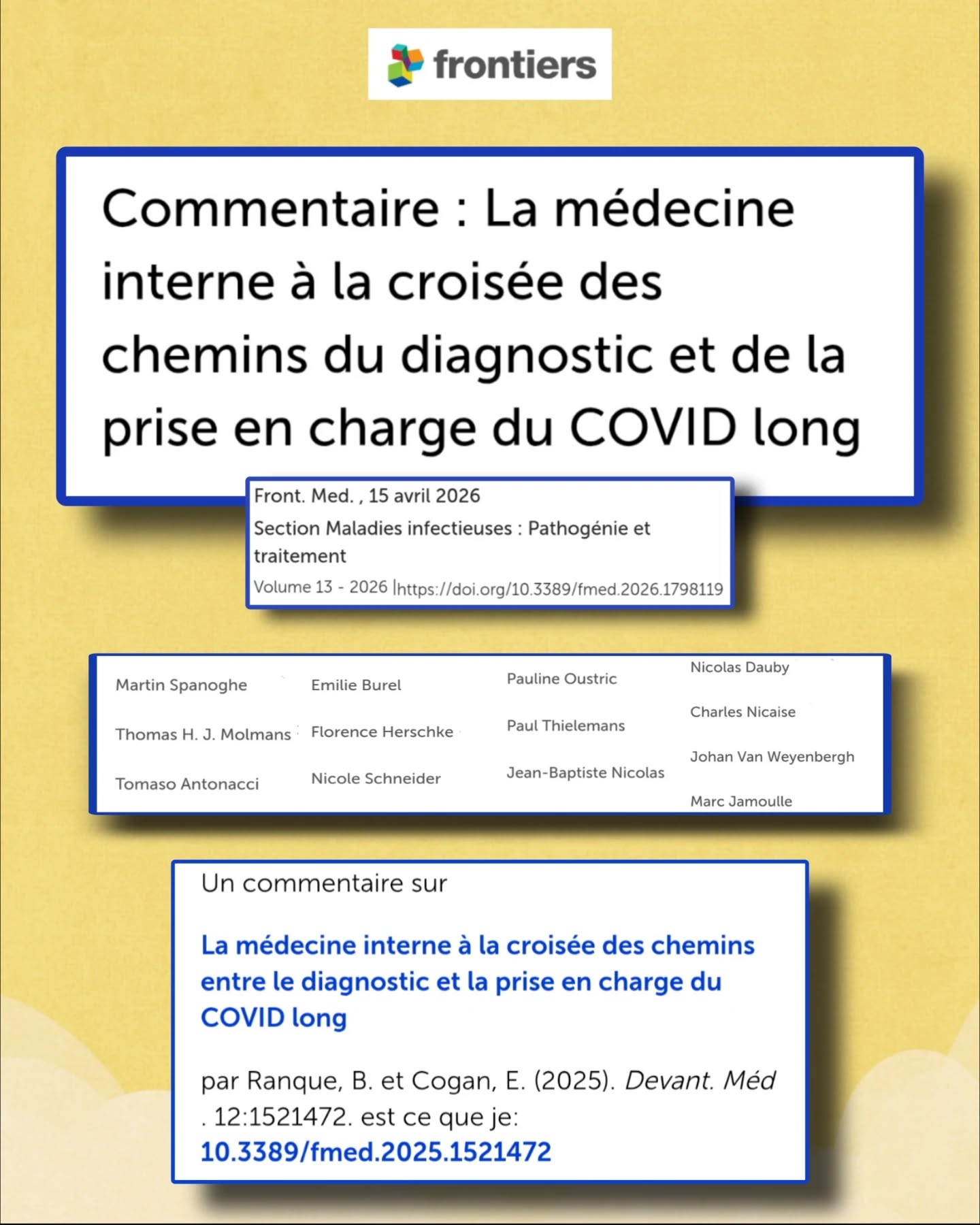 đ§”đPublication dâun commentaire dans Frontiers in Medicine, en rĂ©ponse Ă lâarticle de Ranque & Cogan :
đ « Internal medicine at the crossroads of Long COVID diagnosis and management »
đ§ Un collectif (Belgique, France, Pays-Bas) de chercheurs, cliniciens et reprĂ©sentants de patients a publiĂ© un commentaire en rĂ©ponse Ă un article portant sur la place des facteurs psychologiques dans le Long Covid.
đ Ce texte sâinscrit dans un questionnement Ă la fois clinique et Ă©pistĂ©mologique autour des cadres dâinterprĂ©tation de la maladie et de la maniĂšre dont les hypothĂšses sont hiĂ©rarchisĂ©es dans un contexte encore mal compris.
đŻ Lâobjectif est de contribuer Ă une lecture plus rigoureuse, nuancĂ©e et intĂ©grative des donnĂ©es disponibles, en articulant recherche, clinique et expĂ©rience des patients.
đ§ Ce commentaire met en lumiĂšre un enjeu central :
đ Mieux gĂ©rer lâincertitude mĂ©dicale dans le #CovidLong
âĄïž Une rĂ©alitĂ© incontournable face Ă une pathologie encore en cours de comprĂ©hension
đŹ Il souligne aussi lâimportance de la communication avec les patients
âĄïž Expliquer les incertitudes
âĄïž Construire des dĂ©cisions partagĂ©es
âĄïž Réévaluer rĂ©guliĂšrement
đ Une approche fondĂ©e sur la transparence et la confiance
đ€ Un point clĂ© : reconnaĂźtre le savoir expĂ©rientiel des patients
đ Les personnes vivant avec le #CovidLong apportent une expertise essentielle
đ Ă intĂ©grer pleinement dans la comprĂ©hension et la prise en charge
đŹ Le commentaire appelle Ă une approche :
âĄïž BiomĂ©dicale rigoureuse
âĄïž Interdisciplinaire
âĄïž BasĂ©e sur des donnĂ©es intĂ©grĂ©es
â Avec prudence dans lâinterprĂ©tation des mĂ©canismes (Ă©viter les conclusions hĂątives)
𧩠Autre point clé :
âĄïž Mieux caractĂ©riser les sous-groupes de patients
âĄïž DĂ©velopper des approches thĂ©rapeutiques ciblĂ©es
#CovidLong
âïž Enfin, un principe fondamental est mis en avant :
đ HumilitĂ© Ă©pistĂ©mique et rĂ©flexivitĂ©
âĄïž ReconnaĂźtre ce que lâon ne sait pas
âĄïž Adapter les pratiques en continu
âĄïž Travailler en collaboration
đ€ Ce travail sâinscrit dans une dynamique collective
Avec la participation de :
âą @longcovidbelgium
âą lâassociation @apresj20_covidlong
âŹSuite en commentaireâŹ