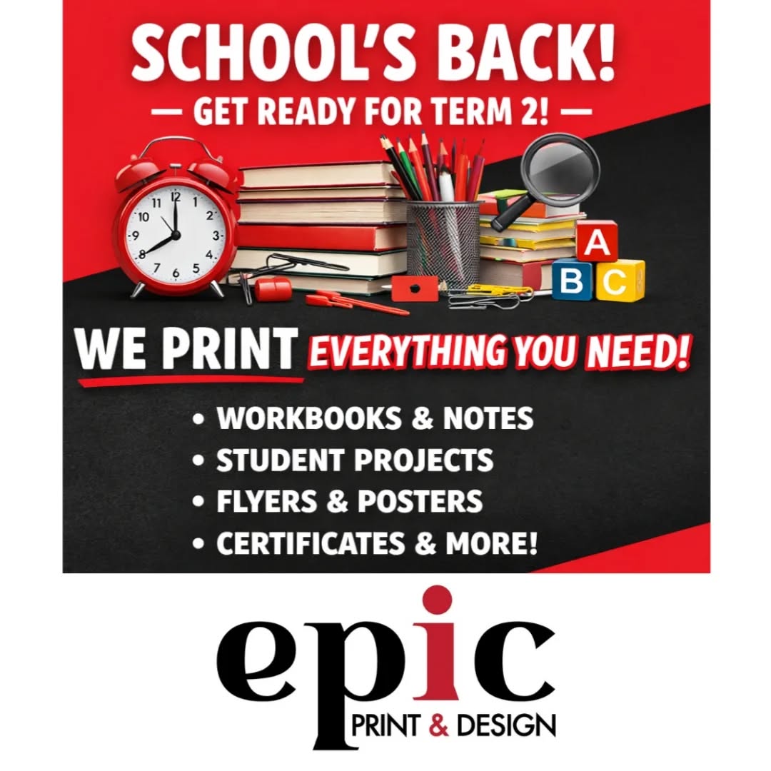 Back to school, back to printing! 🖨️
Workbooks | Projects | Book Binding | Posters
Wishing all students and teachers a fantastic term ahead!
#epicprint #digitalprinting #printingservices #muizenberg