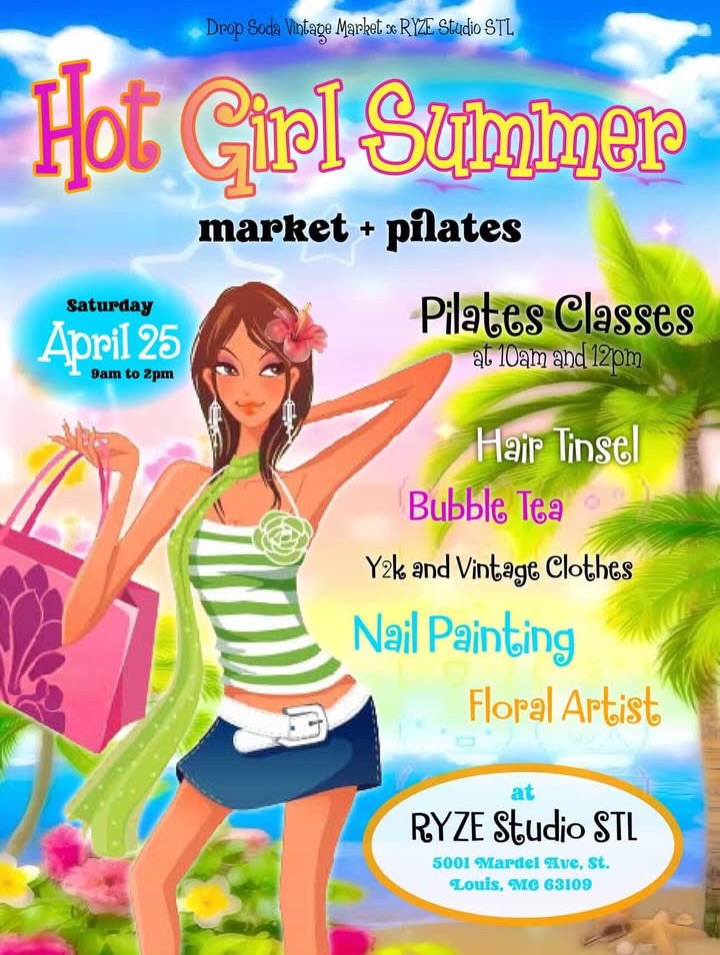 ☀️💖 Catch us serving up all the colors 💖☀️
@dropsoda_market X @ryzestudiostl
🛍️ Vintage + Y2K finds by @dropdeadvintage__ and @ghostsoda
🧘🏽♀️ Pilates classes by @ryzestudiostl at 10am + 12pm
💅 Nail painting by @princesstreatmentpcs
👩 Hair tinsel by @slatersroom
🧋 Bubble tea by @bo.coboba
🌺 Flowers by @theladyinthebloom
📍 RYZE Studio STL at 5001 Mardel Ave. St. Louis, MO 63109
🗓️ Saturday, April 25
⏰ Market 9am–2pm
Grab your girls, bring the vibes, and come shop + sip with us 💕🌈
#pilates #stl #hotgirlsummer