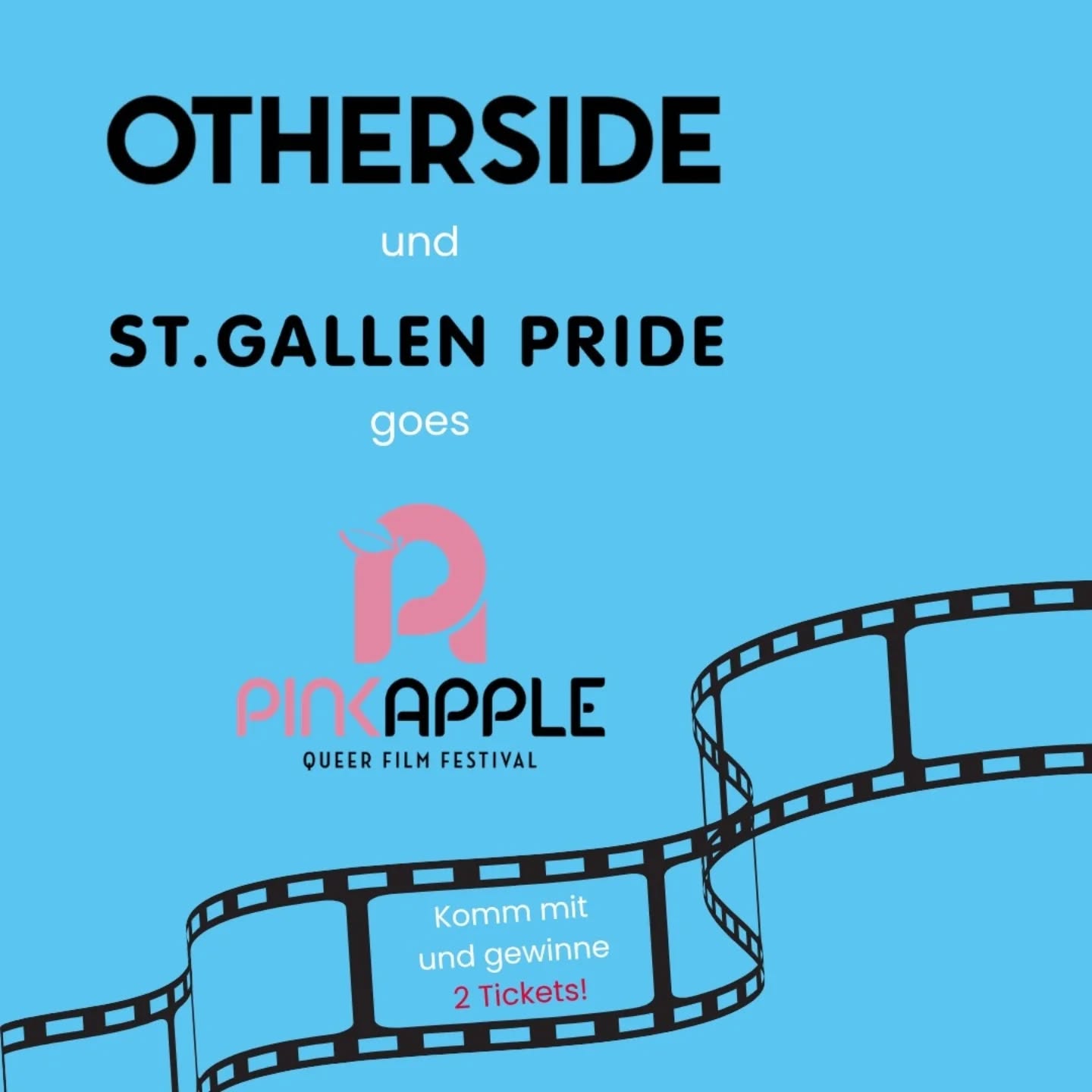 🎞️ Otherside und St. Gallen Pride goes Pink Apple Festival 🍎
Gemeinsam besuchen wir das Pink Apple Festival in Frauenfeld, das vom 8.-10, Mai stattfindet. Du kannst zwischen zwei Filmen wählen. Danach gehen wir weiter an die Afterparty “Pink Pony Club” im Kaff.
📆Samstag, 9. Mai 2026
📍19.45 Uhr vor dem Cinema Luna (Lindenstrasse 10 in Frauenfeld)
🕜20:15 Uhr: Maspalomas (schwul)
🕜20:30 Uhr: Jone, sometimes (lesbisch)
✍️Melde dich bis zum 26. April per Mail an otherside.lgbtq@gmail.com mit Angabe des
gewählte Films an. Die Abrechnung erfolgt per Twint oder bar. Die Tickets kosten 16.- Fr., der Eintritt zur Party ist inklusive.
So nimmst du an der Verlosung teil:
❤️Like den Beitrag und kommentiere deine queere Filmikone oder schreibe uns eine Mail an otherside.lgbtq@gmail.com
📆Teilnahmeschluss: 20. April 2026, Mitternacht
💌Benachrichtigung: Du erhälst am 21. April eine Nachricht per Instagram oder Mail mit den gewonnen Tickets, falls du gewonnen hast
--------------------------------------------------------------------------------
Teilnahmebedingungen:
Das Gewinnspiel wird organisiert von Otherside. Teilnahmeberechtigt sind alle natürlichen Personen mit Wohnsitz in der Schweiz, die zum Zeitpunkt der Teilnahme mindestens 18 Jahre alt sind. Teilnahmeschluss ist der 20. April um 23:59 Uhr. Die Gewinner*innen werden nach dem Zufallsprinzip am 21. April ausgelost und persönlich per Instagram oder Mail benachrichtigt. Eine Barauszahlung des Gewinns ist ausgeschlossen. Die erhobenen Personendaten werden ausschliesslich zur Durchführung des Gewinnspiels verwendet und nicht an Dritte wetiergegeben. Das Gewinnspiel steht in keiner Verbindung zu Meta. Der Rechtsweg ist ausgeschlossen. Der Veranstalter behält sich das Recht vor, die Teilnahmebedingungen jederzeit zu ändern oder das Gewinnspiel abzubrechen.