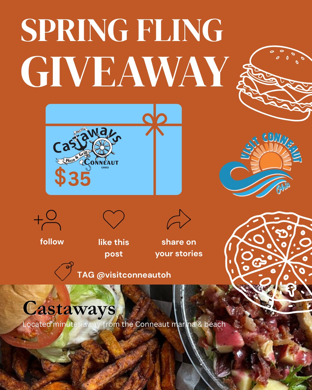 🌻SPRING FLING GIVEAWAY🌻
✨You could win a $35 Gift Card to Castaways Pizza & Grill!✨
Castaways Pizza & Grill is a casual, locally owned restaurant known for its pizza, subs, and varied American grill menu. It is a relaxed, friendly atmosphere with options for dining in, patio seating, and takeout. Sit outside at the patio and enjoy the beach vibes while sipping on your drink of choice.
📍877 Broad Street, Conneaut, OH 44030
HOW TO ENTER ✨
1️⃣ LIKE this post
2️⃣ FOLLOW @castawayspizzaandgrill and @visitconneautoh
3️⃣ SHARE this post to stories + TAG @visitconneautoh
IMPORTANT INFORMATION ✨
• Must be 21 years of age or older to enter
• Giveaway period ends Tuesday, April 28th 2026 at 11:59 PM EST
• Winner will be announced here and be contacted via direct message from this @visitconneautoh account only
• Note: We will never ask for personal or financial information. Be diligent and protect yourself from scams!
• This giveaway is not sponsored, endorsed, administered by, or affiliated with Meta, Facebook, or Instagram
Brought to you by the Conneaut Visitors Bureau @visitconneautoh
⭐Good luck!⭐
#visitconneautoh #visitconneaut #castawayspizzaandgrill #giveaway