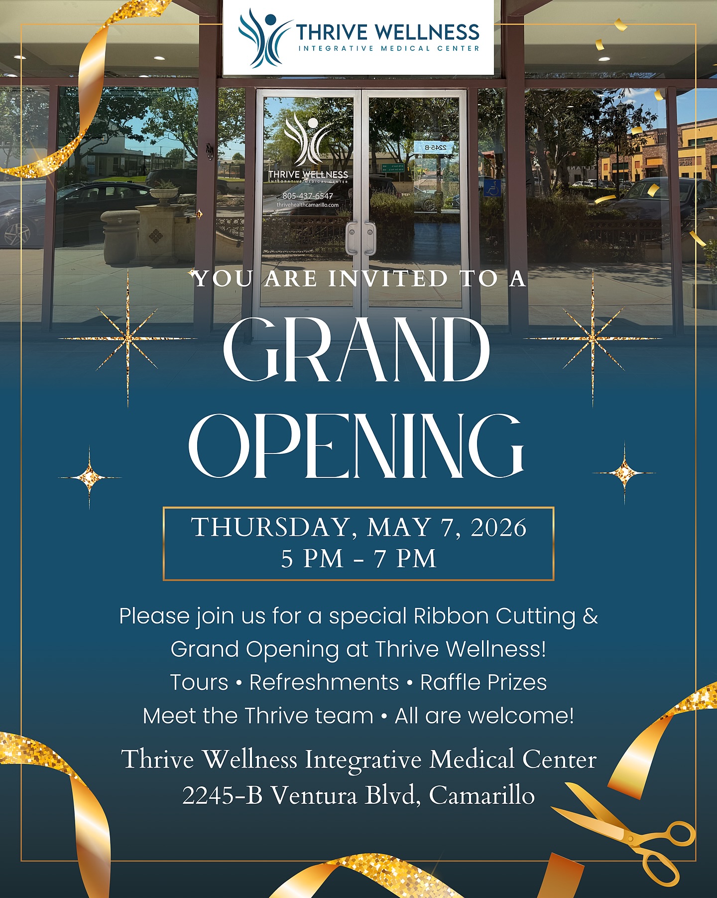 You’re invited to celebrate the Ribbon Cutting & Grand Opening of @thrive_wellness_medical!✂️✨
Join us on Thursday, May 7th from 5pm - 7pm to meet the Thrive team, tour their new space, enjoy light refreshments, and enter for a chance to win raffle prizes. This event is open to the entire community and we’d love to see you there!
📍2245-B Ventura Blvd, Old Town Camarillo