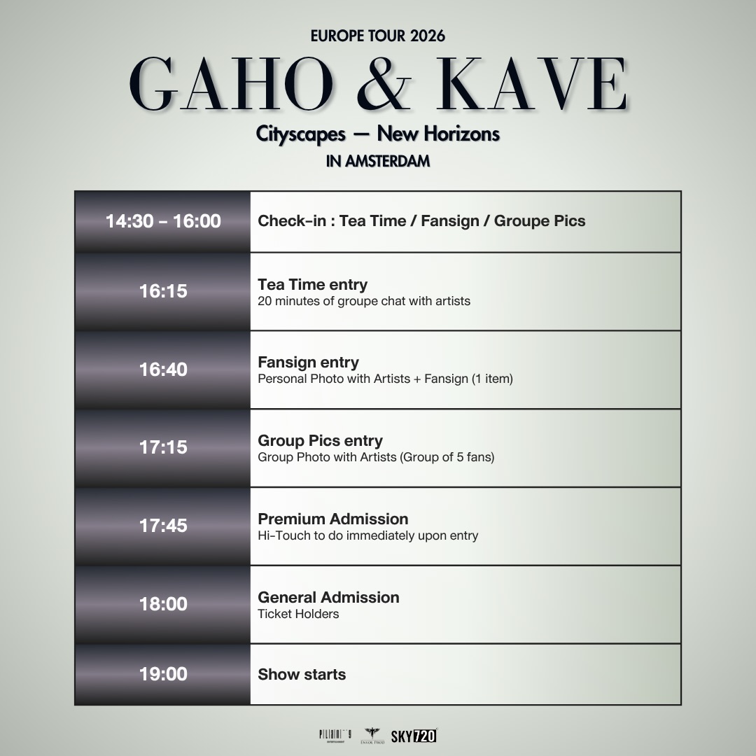 GAHO & KAVE Cityscapes — New Horizons Europe Tour 2026
Amsterdam concert benefit schedule
See you there !!!
🎟️ Tickets and Info http://envolprod.com/gahokave
#GAHO
#KAVE
#GahoKaveEuropeTour
#CityscapesNewHorizons
#KopInEurope