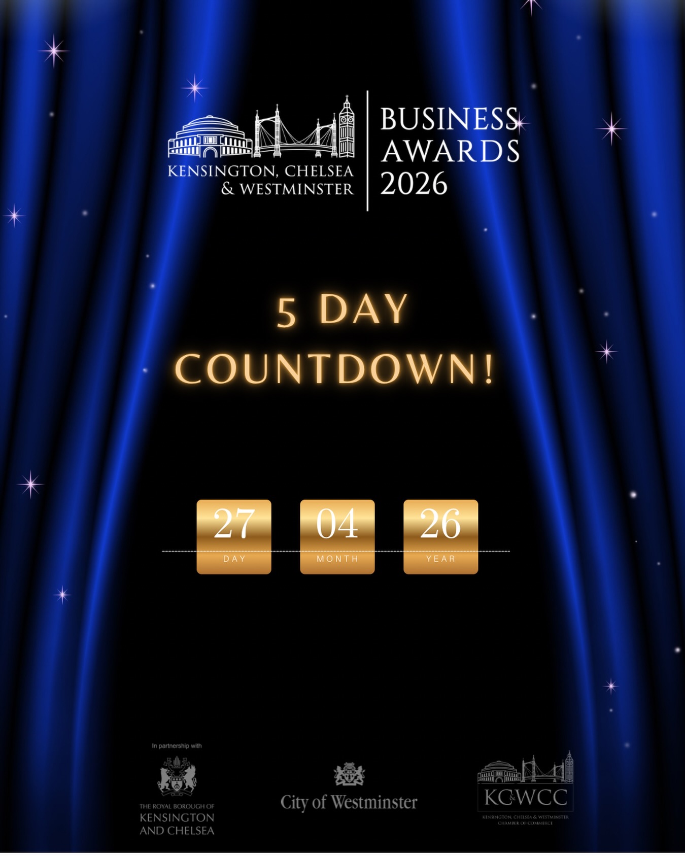🏆 5 Days to Go! 🏆
The countdown is ON…
Entries for the Kensington, Chelsea & Westminster Business Awards 2026 officially open on 27th April, and we’re just 5 days away!
This is your chance to showcase your achievements, celebrate your success, and gain the recognition your business deserves.
Whether you’re a startup, an established brand, or a local hero making a difference in your community, there’s a category for you.
📅 Entries Open: 27th April at 7pm
🏆 Don’t miss your opportunity to shine.
Stay tuned as we count down to launch…
#KCWBusinessAwards #BusinessAwards #LondonBusiness #SMEs #Entrepreneurship Countdown SupportLocal