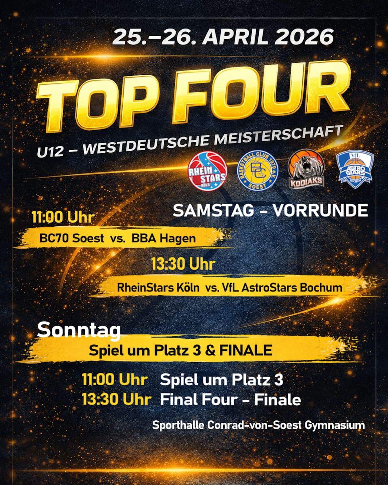 🔥 FINAL FOUR IN SOEST 🔥
Unsere U12.1 vom BC70 Soest hat es geschafft – wir stehen im Final Four und spielen um die Westdeutsche Meisterschaft! 🏀💪
Mit dabei sind starke Teams wie die BBA Hagen, die RheinStars Köln und die AstroStars Bochum. Im Halbfinale treffen wir auf Hagen – ein echtes Top-Duell! 🔥
Das Beste: Das Final Four findet bei uns in Soest statt! 🙌
📅 25.–26.04.
📍 Heimspiel-Atmosphäre – wir zählen auf euch!
Kommt vorbei, unterstützt unsere Jungs und sorgt für eine volle Halle! Gemeinsam kämpfen wir um den Titel! 🏆💙
#bc70soest #finalfour #meisterschaft #westdeutschermeister