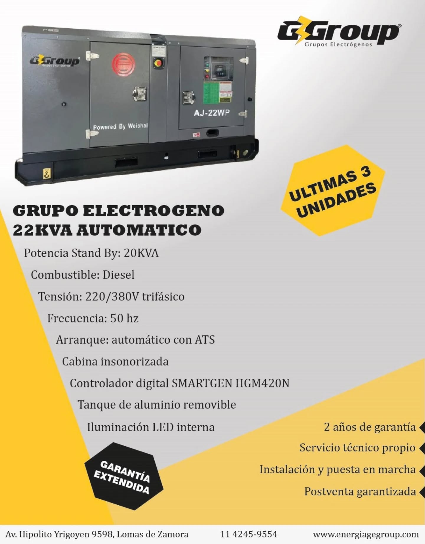 Grupo electrógeno diésel de 22 kVA con sistema de arranque automático mediante ATS.
Configuración trifásica 220/380V – 50 Hz, apto para respaldo eléctrico en viviendas, comercios y aplicaciones donde se requiera continuidad de suministro.
Permite alimentar distintas cargas durante cortes de red, con conmutación automática entre línea y generador.
📲 Consultas al 11 4245-9554