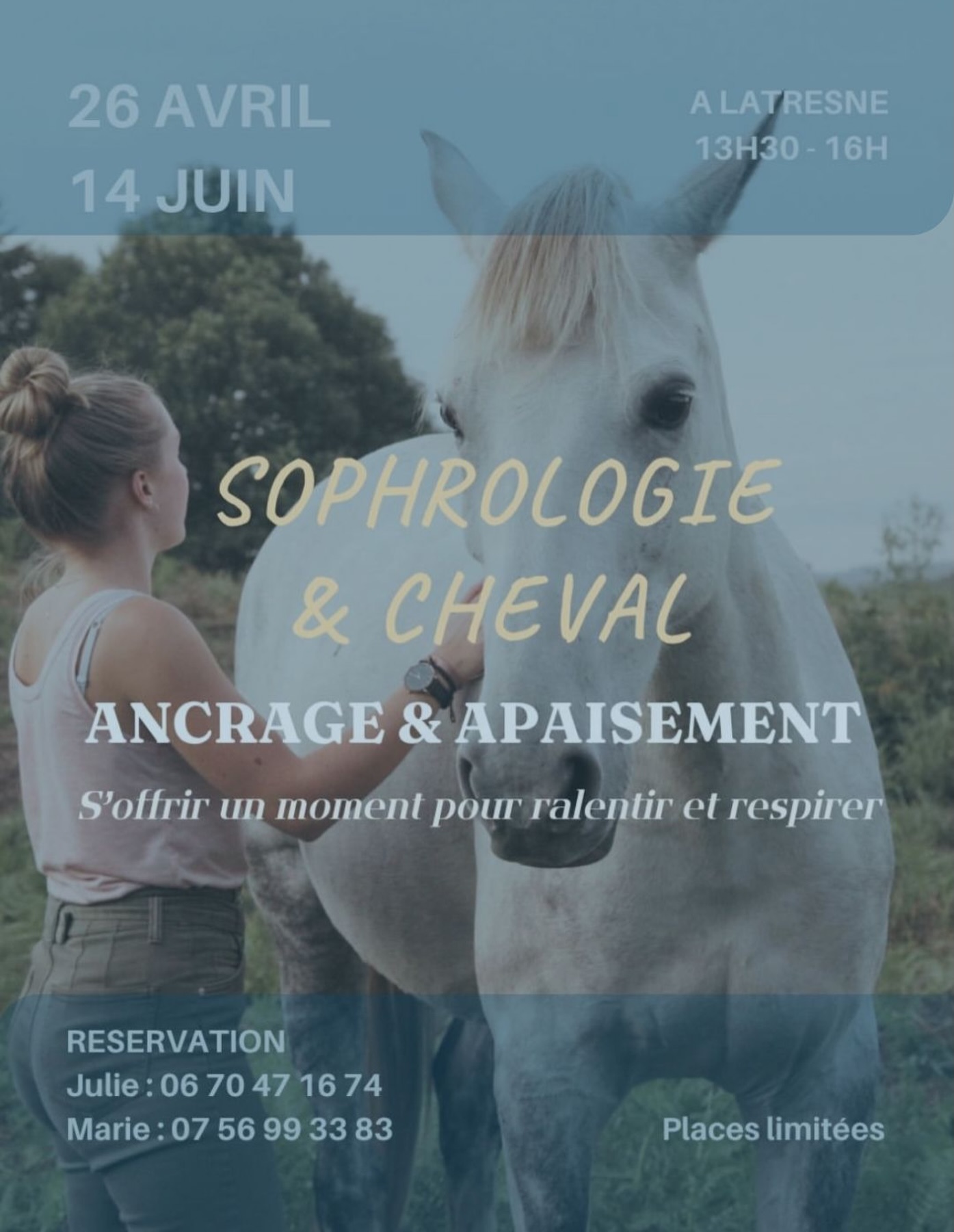 ✨Atelier Sophrologie & Cheval - Ancrage & Apaisement✨
S’offrir un moment pour ralentir et respirer ?
Nous vous proposons une expérience immersive alliant sophrologie et équithérapie, dans un cadre naturel apaisant, au près des chevaux.
Dans votre quotidien :
- vous vous sentez stressé, submergé ou dans le contrôle
- vous êtes toujours à 100 à l’heure
- votre charge mentale ne cesse d’augmenter
- vous n’arrivez pas à vous poser
- vous ressentez le besoin de lâcher prise... sans savoir comment
Cet atelier est fait pour vous !
✨Les intentions :
- se recentrer et se reconnecter à son corps
- apaiser le mental et les tensions émotionnelles
- relâcher la pression
- développer l’écoute de soi
- retrouver calme, confiance et alignement
🐴 🤎 Au contact des chevaux, à travers des pratiques douces autour du souffle et du corps, vous serez guidé avec bienveillance dans un espace sécurisant, à votre rythme, dans le respect de vos besoins.
Vous repartirez avec des outils simples de respiration et d’ancrage pour prolonger les bienfaits dans votre quotidien.
Un accompagnement à deux voix :
Marie Girard, sophrologue @marie_girard_inspiration_mg
Julie ZENOUDA, équithérapeute et coach
@juliezenouda_equitherapie
✨Pour qui ?
Atelier ouvert à tous (à partir de 15 ans),
Aucun pré-requis nécessaire
Aucune expérience avec les chevaux demandé
🗓️ Dates : 26 avril & 14 juin - 13h30 - 16h
Latresne - Écuries Les Hauts de Bordeaux
Infos & réservations : 06 70 47 16 74 / 07 56 99 33 83
tarif : 65€ / pers
⚠️ Places limitées (8 personnes max)
✨Offrez-vous une parenthèse hors du temps, un moment pour souffler et revenir à vous
@latresne33 @mairie_de_sadirac_33670 #equitherapie #sophrologie #entredeuxmers #bordeaux #latresne