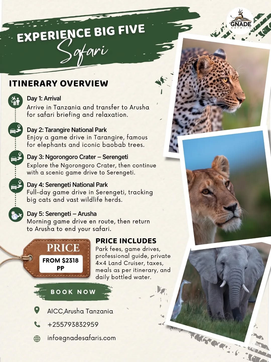 🐘 5-Day Tanzania Safari – See the Big Five in just 5 days! 🦁
Explore the best of Tarangire National Park, Serengeti National Park, and Ngorongoro Crater — home to Africa’s most iconic wildlife.
✔ Big Five safari experience
✔ Private 4×4 safari
✔ Expert local guides
✔ Perfect for short trips
Your unforgettable adventure starts here.
Read full itinerary 👇
🔗 https://www.gnadesafaris.com/post/5-day-tanzania-safari-tour-big-five
📧 info@gnadesafaris.com
📱 WhatsApp +255793832959
#TanzaniaSafari #BigFiveSafari #Serengeti #Ngorongoro #Tarangire AfricanSafari GnadeSafaris 🐘🌍✨