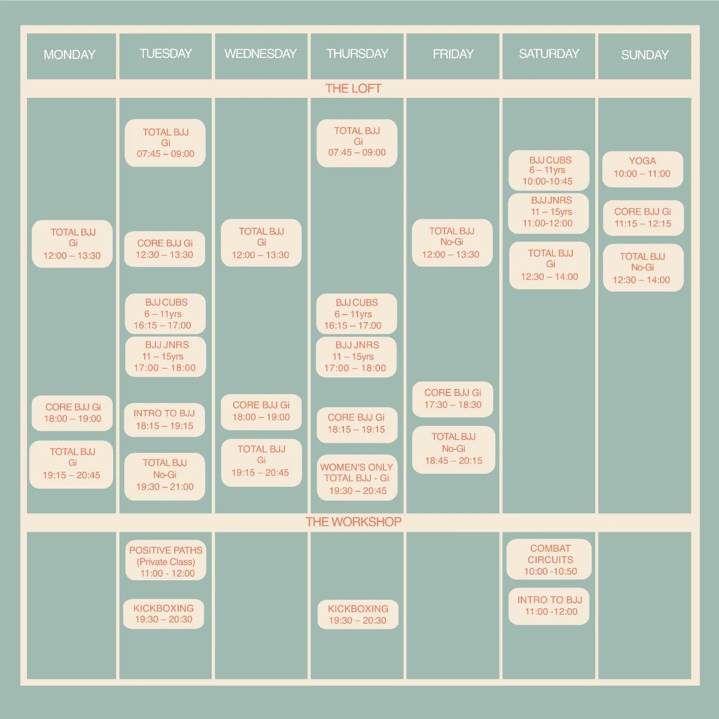 At Low Tide BJJ and Fitness Studio, we offer classes seven days a week; from BJJ and kickboxing to yoga and circuits. Here's our latest full timetable. Email for any enquiries!