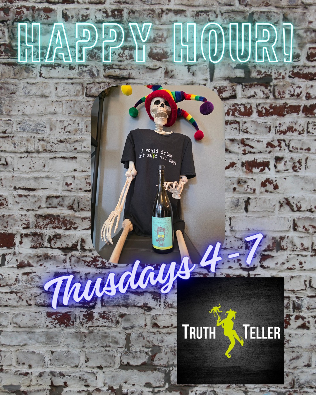 Slide into Thursday like you deserve it.
4–7 PM Happy Hour with deals on glass pours and food that’ll make your whole week feel better!
Bring a friend or two and relax with a glass of wine and one of our many fun games in the tasting room!
#TruthTellerWinery #WoodinvilleWine #WoodinvilleWineCountry #HappyHour #ThirstyThursday #PNWWine