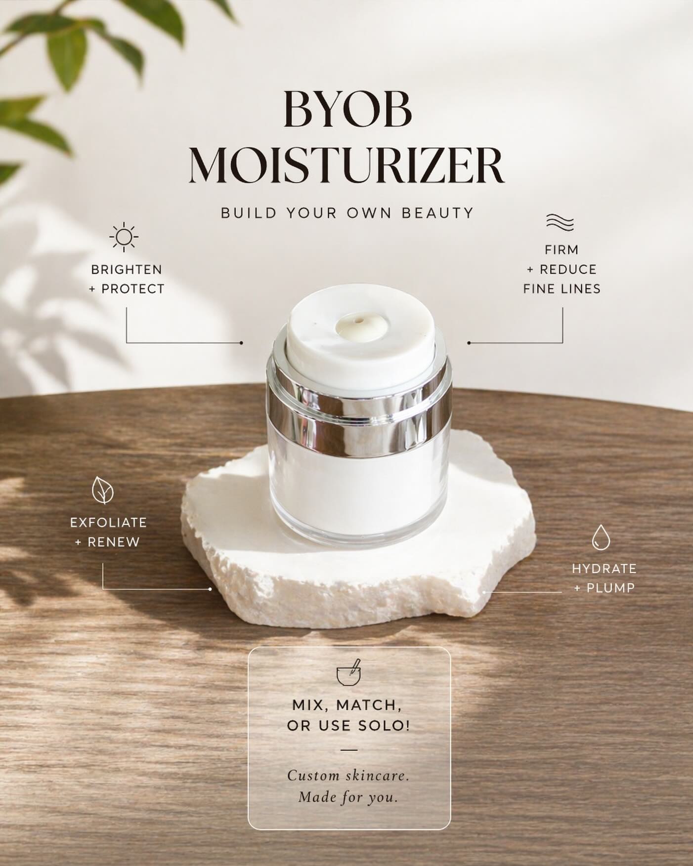 Not just a moisturizer your base for better skin.
Add in serums for glow, hydration, smoothing, or renewal and build a routine that actually works for you.
Your skin, your formula.