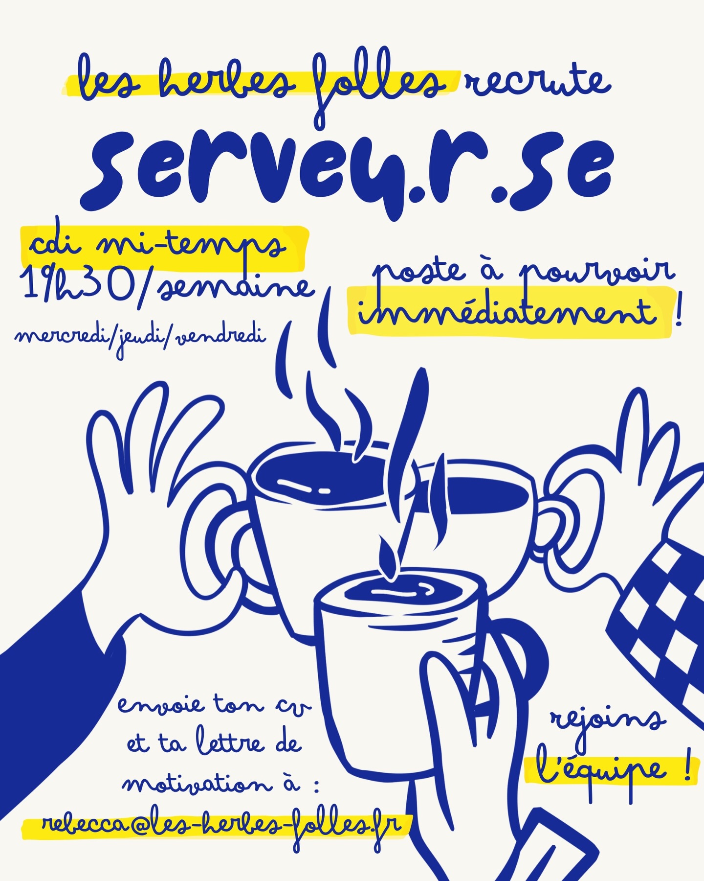 Le salon de thé cherche sa nouvelle perle pour rejoindre la dream team ! Ça te tente ? Envoie ton CV à rebecca@les-herbes-folles.fr
