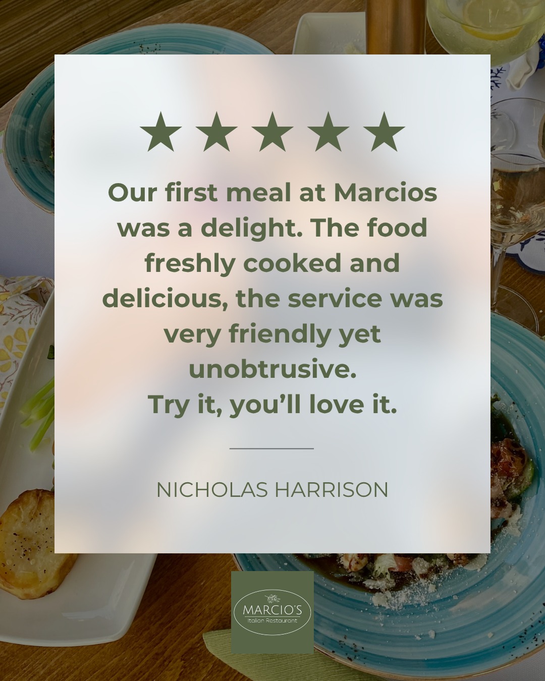⭐️ Customer Love ⭐️
“Try it, you’ll love it.” - and honestly, we couldn’t have said it better ourselves.
A huge thank you to Nicholas for this lovely review. From freshly prepared, delicious dishes to friendly, attentive (but never overbearing) service - this is exactly the experience we aim to create for every guest who walks through our doors.
If you haven’t visited us yet… what are you waiting for? 🍝✨
📍 Castle Road, Bedford
📞 07768 431715
📧 info@marciositalianrestaurant.co.uk
🍷🍝 Slow evenings, full hearts, unforgettable flavours. We can’t wait to welcome you at our Bedford restaurant! ❤️🇮🇹
#MarciosItalian #FreshlyPrepared #LocalGem #ItalianDining #CustomerLove