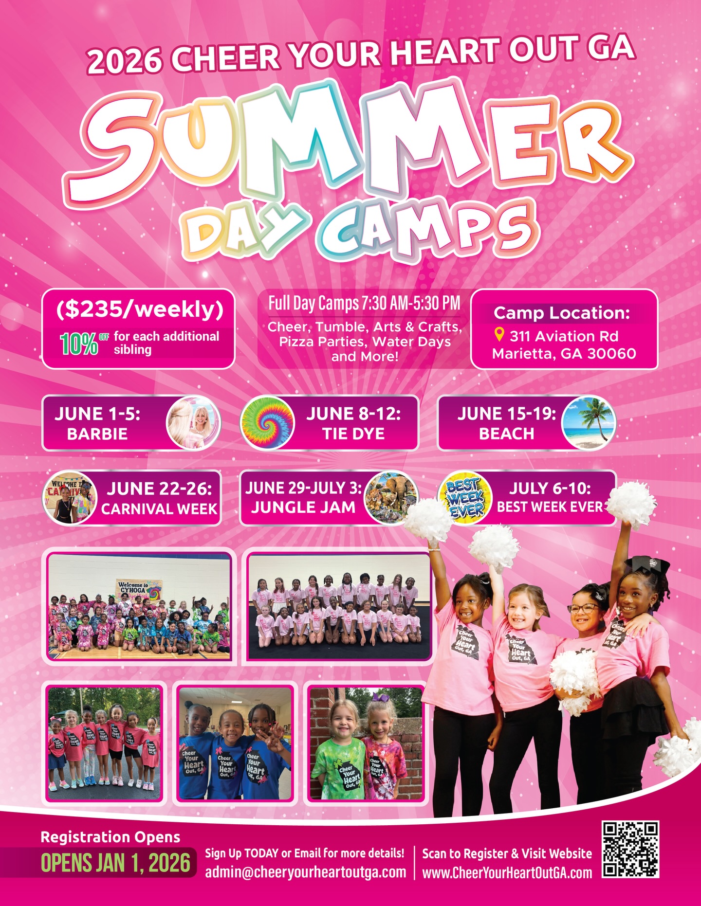 Summer just got WAY more fun ๐โ๏ธ
Join us for CYHO Summer Day Camps 2026โwhere cheer, tumbling, crafts, games, and themed weeks come together for the ultimate camp experience! ๐โจ
๐ Full Day Camp: 7:30 AM โ 5:30 PM
๐ Marietta, GA
๐ฒ $235/week (10% off siblings!)
From Barbie ๐ to Tie Dye ๐ to Beach Week ๐๏ธโฆ every week is a whole vibe!
Already 75% fullโsecure your spot before we sell out! ๐จ
#CYHO #CheerCamp #SummerCamp2026 #MariettaGA