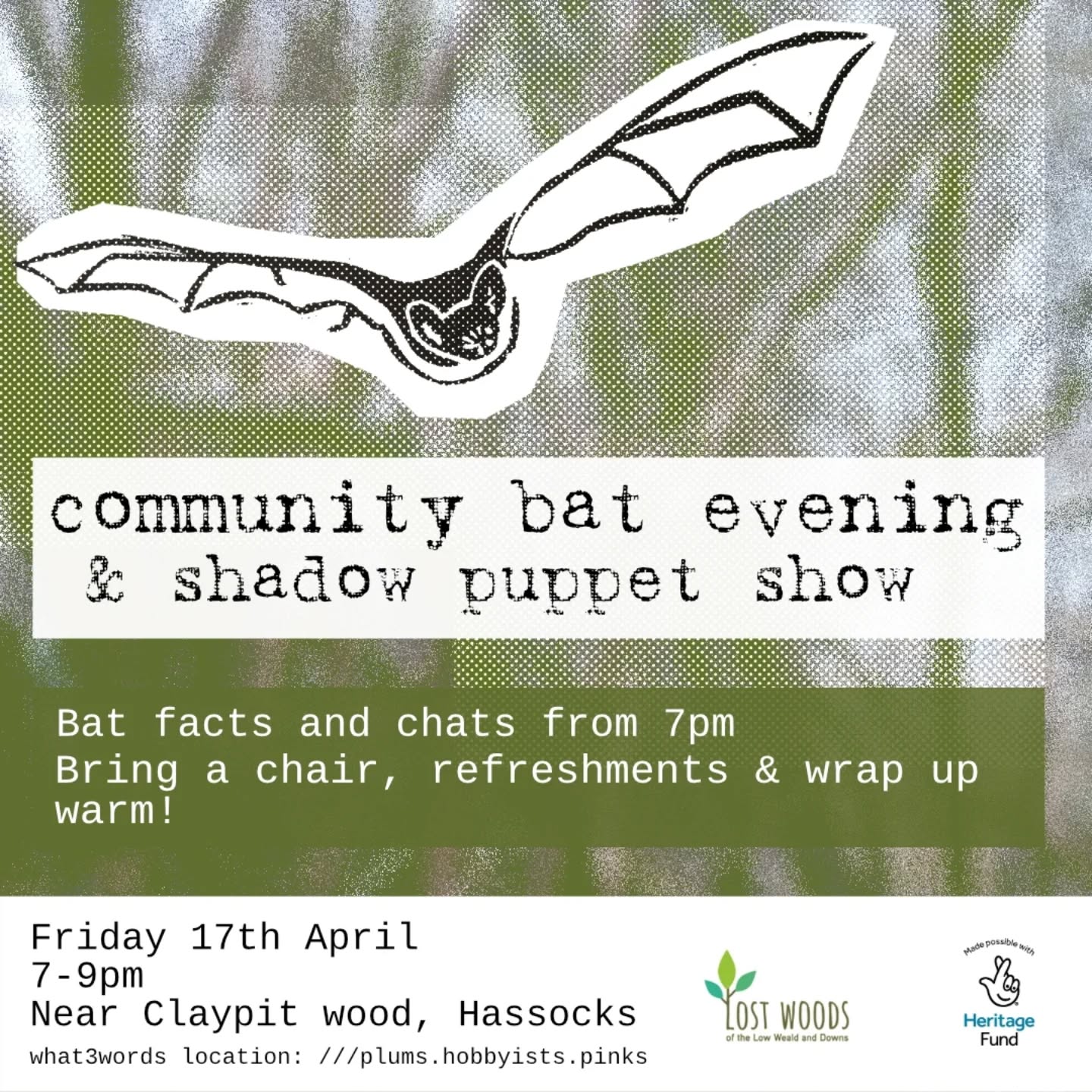 Sharing this exciting community event in Hassocks this Friday. See below for all the details!🦇
Come along to our Community Bat Evening on Friday 17th April 7-9pm!
With support from The Lost Woods Project, Friends of Claypit Wood are hosting an evening of bat facts and chats from 7pm in Hassocks.
We will be using bat detectors to listen for echolocation as the sun sets and there will be a shadow puppet show afterwards about our local wildlife! Please bring a chair, refreshments and wrap up warm! All are welcome, the event is free.
What3Words location: ///plums.hobbyists.pinks
Please swipe right on the post for access information.