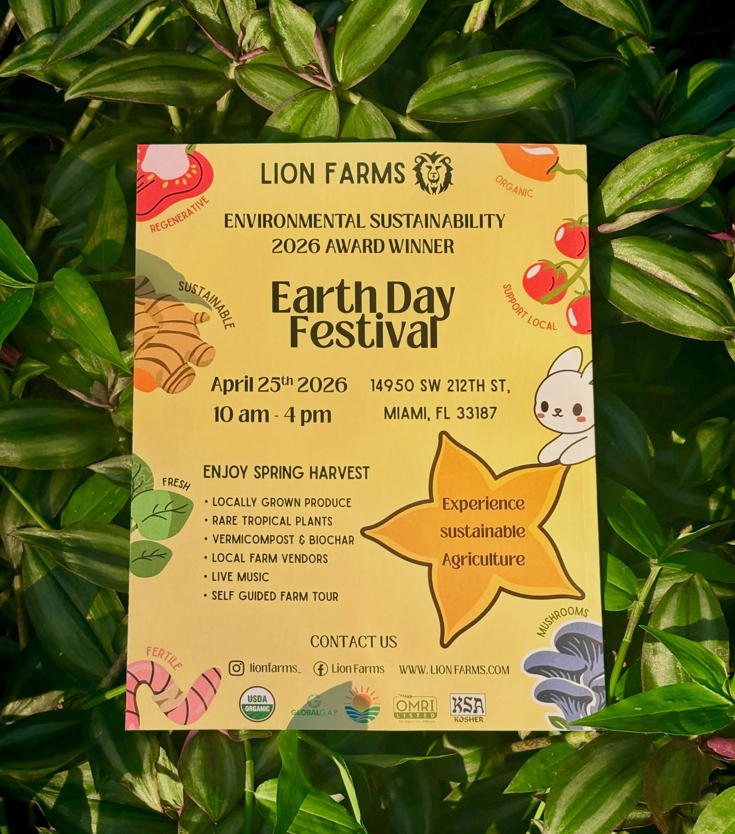 Earth Day Festival Miami 🌱 | Regenerative Agriculture in the Redlands
We’re bringing the community together for a full day of regenerative agriculture, mycology, and closed-loop farming systems right here in the Redlands. 🌴🦁
Join us April 25th for the Lion Farms Earth Day Festival where soil, fungi, and food systems connect. From vermicompost + biochar to gourmet mushroom cultivation, every system on the farm is designed to cycle nutrients, reduce waste, and regenerate the land.
And this year hits different , we’re honored to be featured in the latest Edible South Florida issue 🍊🌿 highlighting Cultiva Miami, our on-site nursery, and the work of Daphne Sugino & Jordan Prats advancing plant propagation, tissue culture, and sustainable tropical agriculture in South Florida.
This is what local, science-driven farming looks like.
📍 Miami, FL – The Redlands
🗓 April 25 | 10 AM – 4 PM
🌱 Self-guided tours, local vendors, live music, rare plants & more
✨ Pick up your copy of Edible South Florida locally and see how our ecosystem is growing beyond the farm.