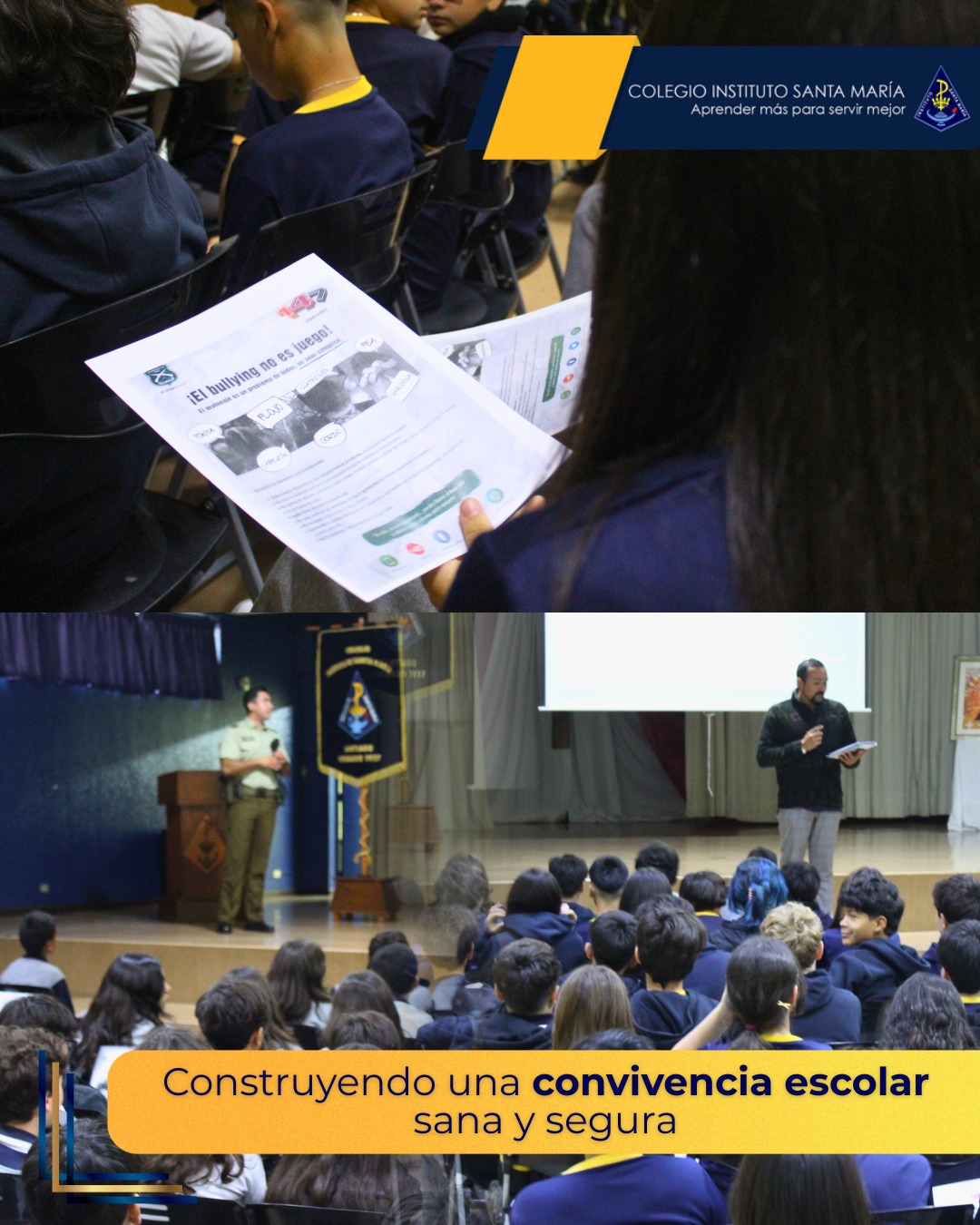 Durante la mañana de ayer, nuestros estudiantes de 6tos Básicos y 7mo Básico B, participaron en una importante charla sobre prevención del bullying, dictada por personal de la 18va Comisaría de Carabineros.
Agradecemos este espacio de aprendizaje que nos permite fortalecer los valores del respeto y la empatía en nuestra comunidad. "Aprender más para servir mejor" también significa cuidar el bienestar de todos. 💙
#ConvivenciaEscolar #ComunidadISM #PrevenciónBullying #ComunidadEducativa #Ñuñoa #CarabinerosDeChile
@red.educacion.amerindia @reddecolegioscjch @cgpa_ism_santiago @ceisma.ism
carabchile