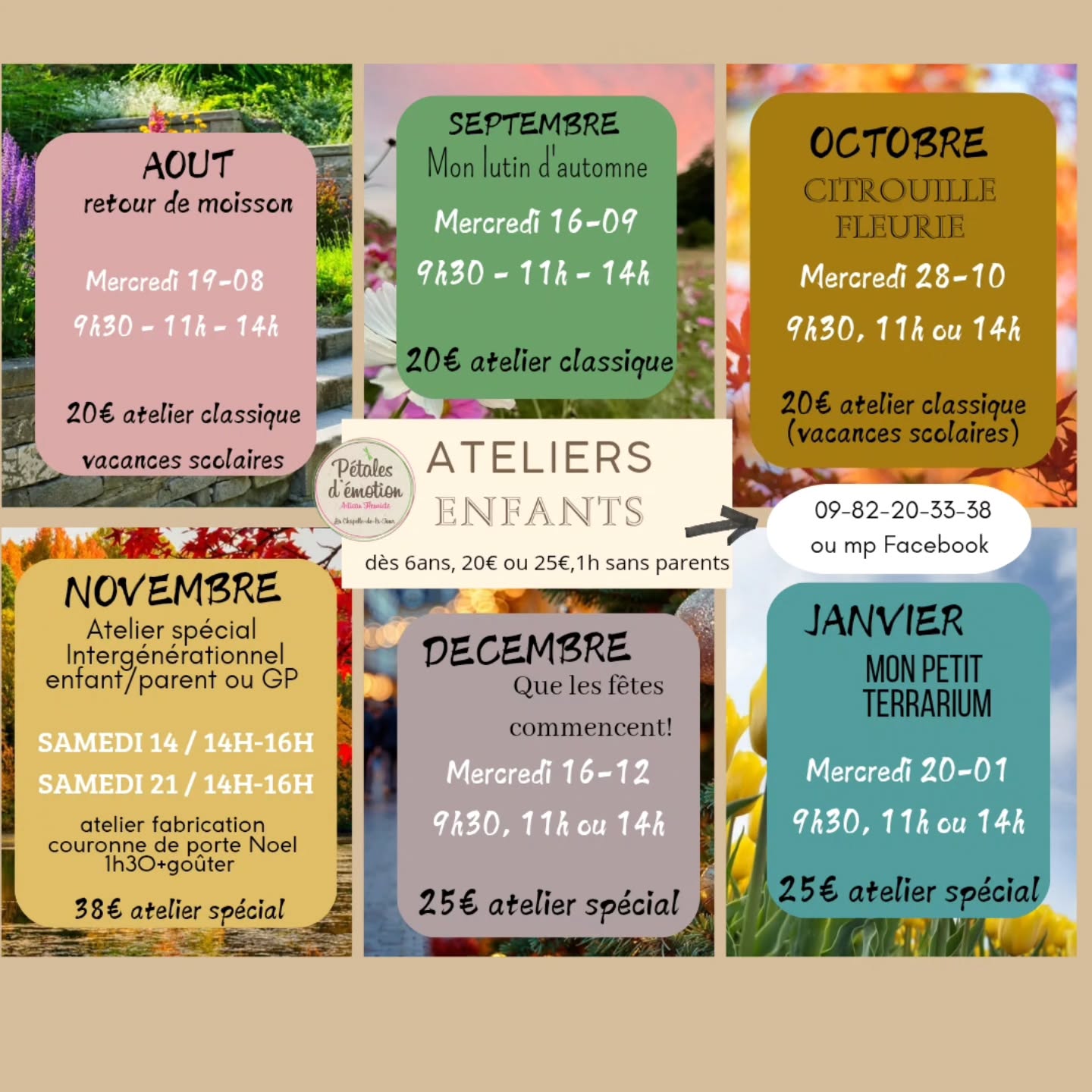 🚦 heyyyy !! Votre enfant cherche une activité créative ? Voici le nouveau planning des ateliers floraux jusqu'à janvier 2027 ! 🚦
➡️ De nouveaux thèmes, un atelier intergénérationnel (un parent, grand parent etc + un enfant pour un atelier à 4mains !)...
😁 Bref il y en a pour tous les goûts!
🌺 Toujours un atelier à 14h pour les collégiens et toujours à petit prix ! Depuis 7 ans nous nous efforçons de proposer de jolis ateliers de qualité pour 20-25€ 🥰
Ça compte pour vous, ça compte pour nous !
Rdv en mp pour les inscriptions, anticipez au maximum 🌷
Paiement le jour J
A partir de 6 ans 🩷
1h environ sans parent sauf en novembre 🥳
Je republie aussi les ateliers de mai à juillet car il reste un peu de place !
❤️ Fête des mamans en mai
🧡 Fête de fin d'année, cadeau maîtres(se)
🩷 Compo séchée et fleurs en juillet
N'hésitez pas à partager
Bon cadeau non daté possible 🫶