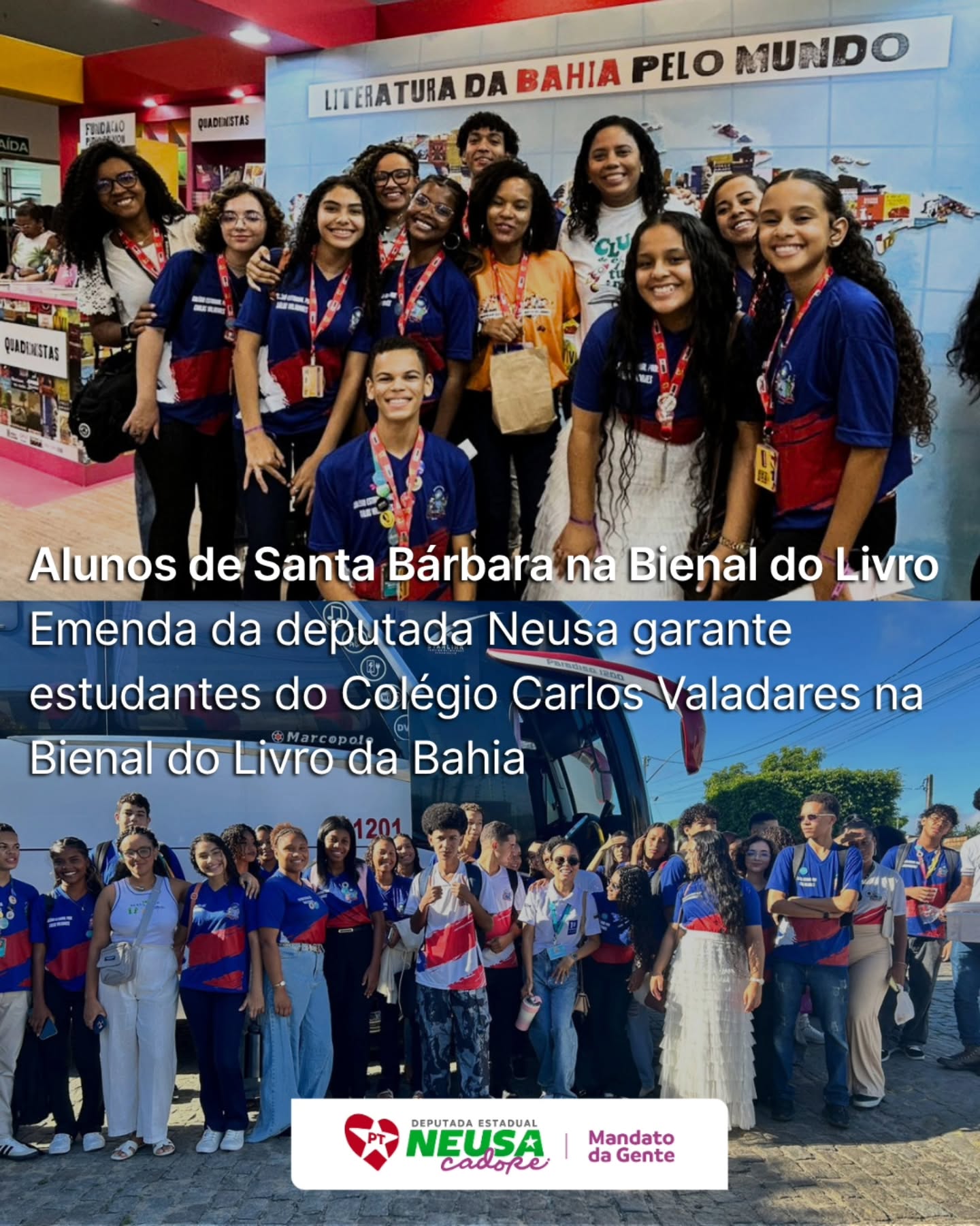 Levar estudantes da rede pública à Bienal do Livro Bahia 2026 é muito mais do que um passeio escolar. É abrir portas para um mundo de leitura, cultura e protagonismo. Por isso estamos muito felizes que a nossa emenda parlamentar no valor de R$ 30 mil, destinada ao Colégio Estadual Professor Carlos Valadares, do município de Santa Bárbara, tenha sido utilizada para garantir a ida dos estudantes a este grandioso evento. A emenda atende à solicitação dos companheiros Professor Roberto, ex-vereador, e da professora Ladjane Barbosa, parceiros de longa data do Mandato da Gente.
Acreditamos que democratizar o acesso à cultura é fortalecer a autoestima, o pertencimento e o futuro da nossa juventude. A Bienal do Livro da Bahia é uma poderosa ferramenta de incentivo à leitura e de valorização da produção cultural dos jovens da Bahia.
#NeusaCadore #MandatoDaGente #Educação #Cultura #Juventude SantaBárbara