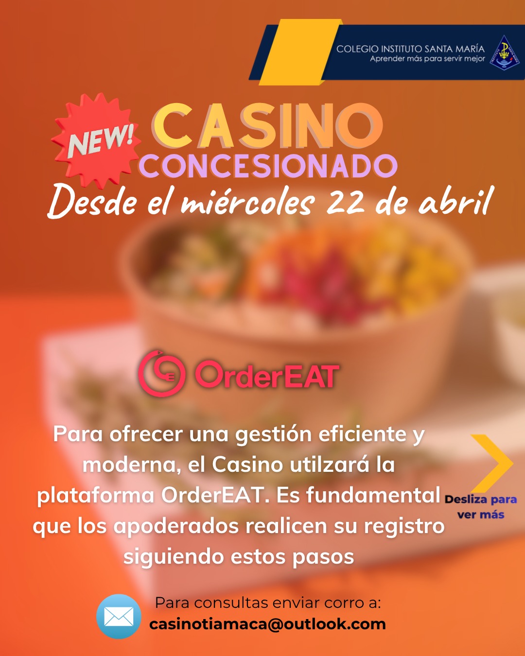 Tenemos excelentes noticias para nuestra comunidad educativa! 🌟
Estamos felices de anunciar la próxima apertura del Casino Concesionado.
Este nuevo espacio no solo llega para ofrecerte una alimentación balanceada y deliciosa, sino para convertirse en el lugar donde nacen las mejores ideas y se fortalecen las amistades.
@red.educacion.amerindia @reddecolegioscjch @cgpa_ism_santiago @ceisma.ism
