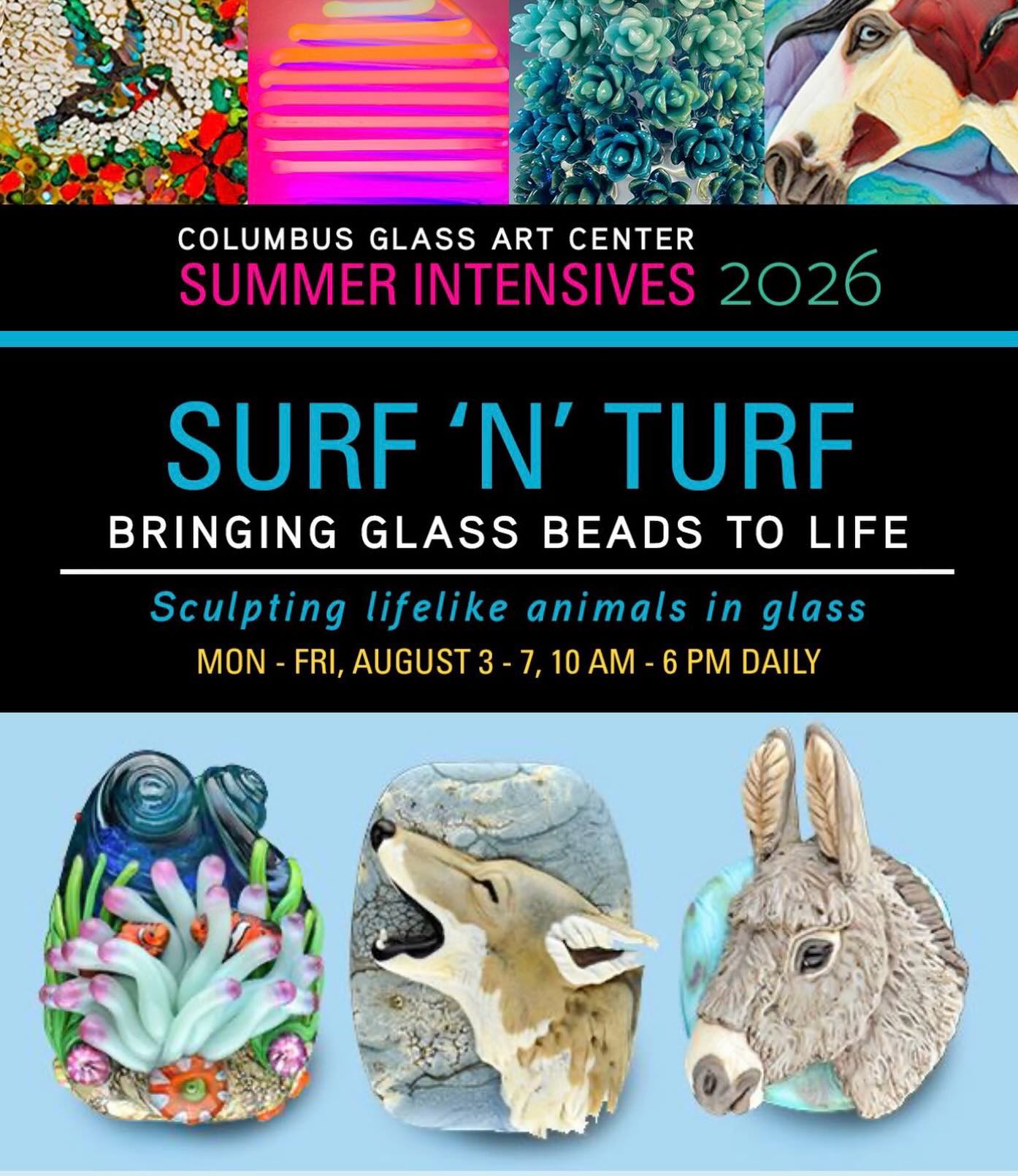 Ready to push your glass skills into true dimension? Want to bring sculpted animals to life?
Join us this August for our visiting artist series with master glass sculptor, Joy Munshower. This immersive 5-day workshop is designed for intermediate to advanced students. You’ll learn how to transform a 2D drawing into a stunning, realistic 3D sculpted bead—refining your technique, mastering heat control, and expanding your artistic vision.
This is your chance to elevate your work and create beads that truly stand out.
✨ Early bird pricing ends April 30—don’t miss it.
Spots are limited. Step into the next level of your craft. #flamework #playwithfire #sculptedglass #beadmaking #glassblowing