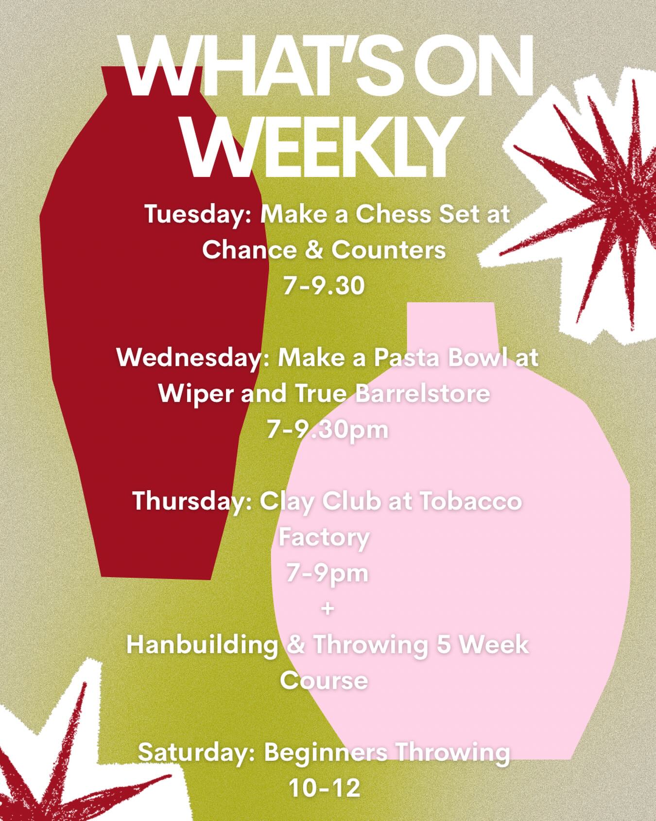 ✨this weeks Pottymouth’s calendar✨
✨we’ve got lots to get your teeth stuck into, catch us @chanceandcounters Tuesday, @wiperandtruebarrelstore Wednesday and @tobacco_factory Thursday✨
✨as well as out studio @windmill_hill_city_farm as always, we’ve got some new 5 week courses starting this week - including our new combo course. Try a bit of both!✨
✨link in bio for more info, see you there x✨