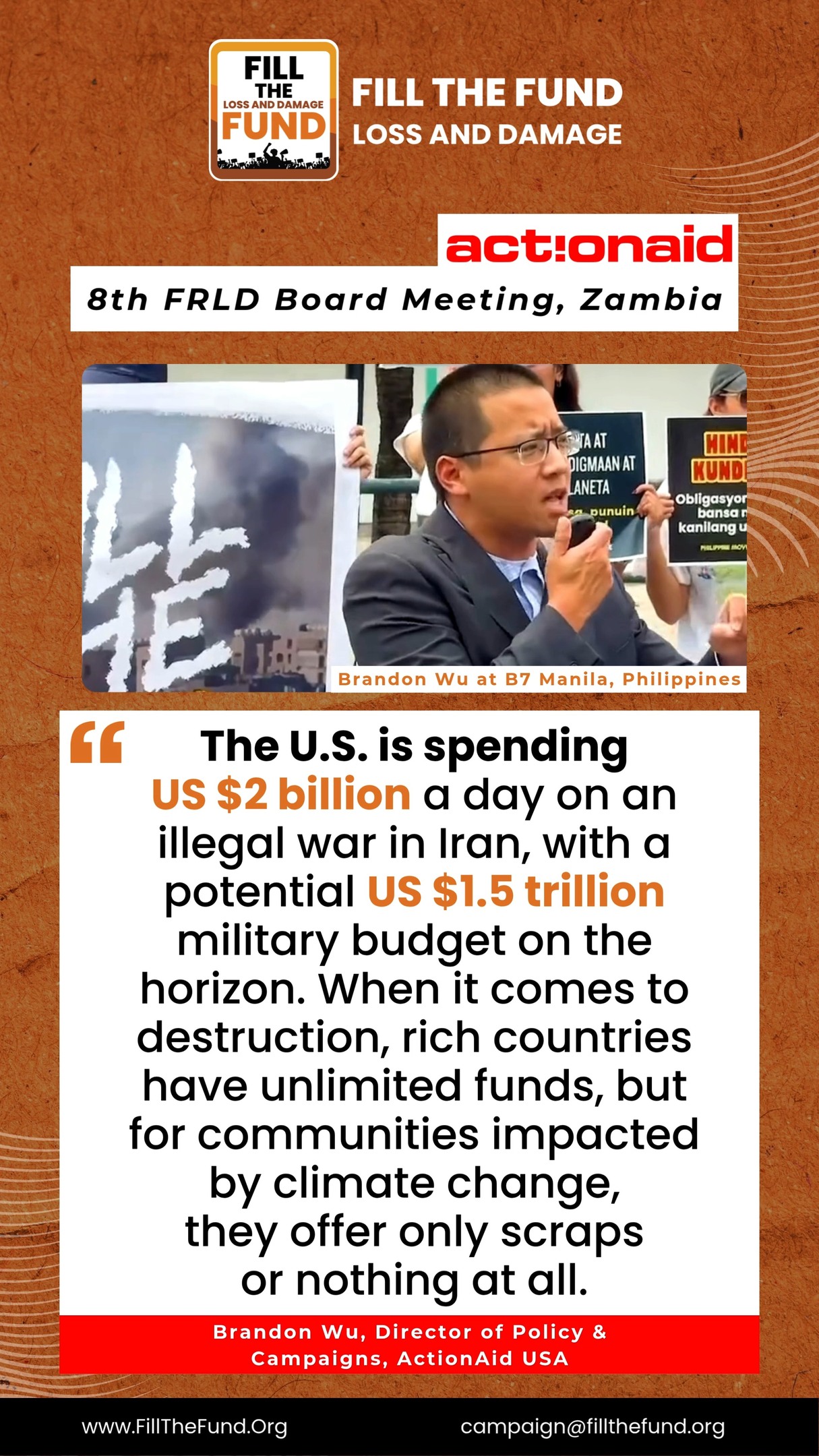 Rich countries have the money. They just aren't spending it on survival. š£š”ļø
āWhen it comes to destruction, rich countries have unlimited funds, but for communities impacted by climate change, they offer only scraps or nothing at all.ā - @brandoncwu
While billions flow into military budgets every single day, frontline communities are forced to take on debt to survive a #ClimateCrisis they did not cause.š
The Chasm:
Military Spending: Trillions mobilized instantly.
Climate Recovery: Only $448.92 million paid in so far.
The Goal: $400 Billion per year by 2035.
The Board of the FRLD must implement a plan that channels hundreds of billions annually, rooted in grants, not loans. š«š³
š Join the #FillTheFund movement at FillTheFund.org.
#FillTheFund #PayUp4LossAndDamage #ClimateEmergency #HumanRights #LossAndDamage
@actionaid_international @ldycoalition @ciel_org @trocaireonline @youngolandd @harjeet11