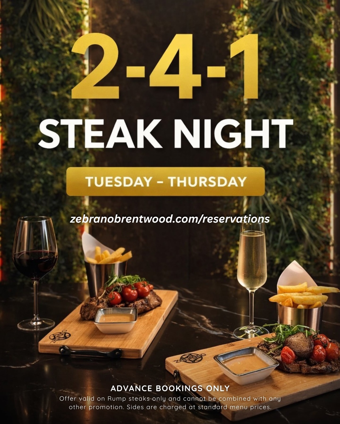 Midweek just got a serious upgrade 🥩🔥
Join us Tuesday to Thursday for our unbeatable 2-4-1 Steak Night – because one steak is never enough!
Enjoy perfectly cooked Rump steaks in the best atmosphere, whether it’s date night, catch-ups, or just an excuse to treat yourself.
⚡ Rump steaks only
⚡ Bookings required
⚡️Not in conjunction with any other offers
Secure your table now and make your midweek something to look forward to 👉 zebranobrentwood.com/reservations
#steak #steakhouse #steakoffer #steaknight