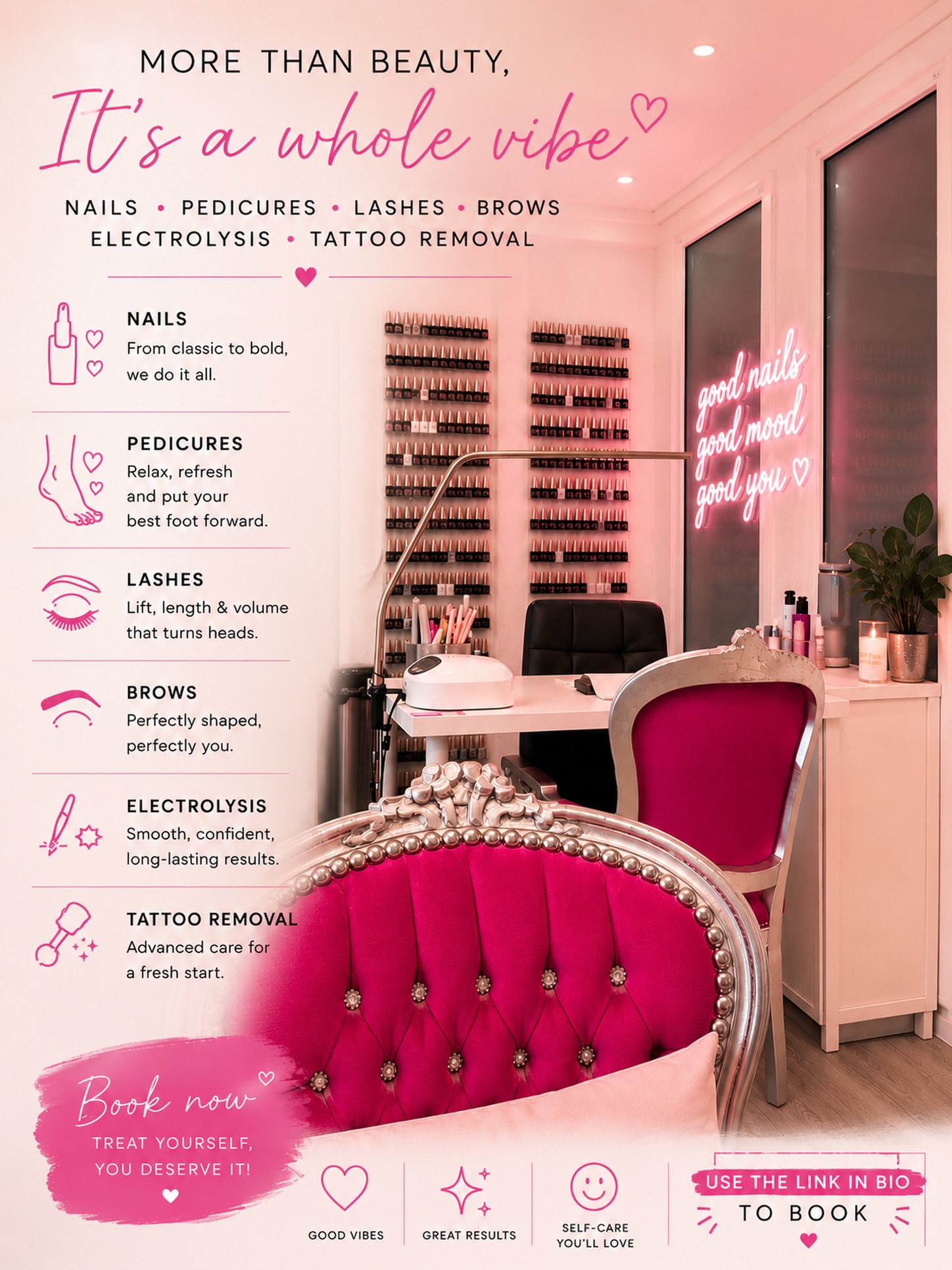 ✨ More than just appointments… it’s your time to relax, reset and leave feeling your absolute best ✨
From fresh nails and luxury pedicures to flawless lashes, brows, electrolysis and tattoo removal … we’re here to help you feel confident in a fun, welcoming space 💖
And it’s not just about the treatments… it’s the catch-ups, the laughs, the teas & coffees and the good chats too. Honestly? Half beauty appointment, half cheap therapy ✨☕
Whether it’s a little maintenance or a full glow-up, we’ve created a salon experience you’ll keep coming back for 🥰
🩷 Good vibes🩷 Great results🩷 Self-care you deserve
✨ Book your appointment now via the link in our bio ✨