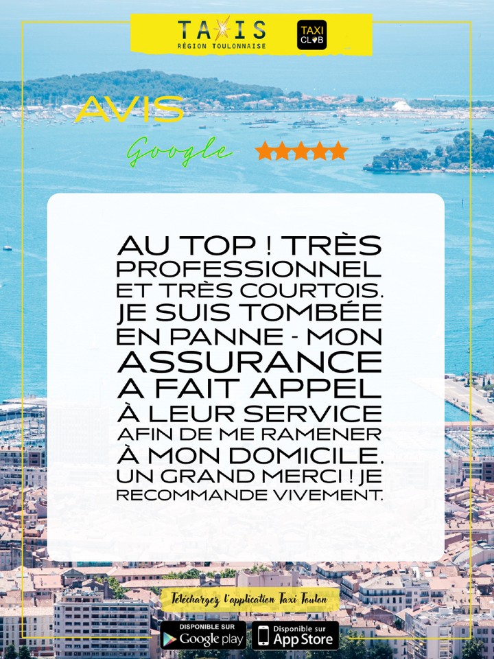 Merci 🙏🏻🚕❤️
📲 Réservez dès maintenant votre course en nous appelant ou via l'application Taxi Club (disponible sur le PlayStore et l'Apple Store).
🚕 Taxis de la région Toulonnaise
📞 04 94 93 51 51
💻 www.taxi-toulon.com
#taxi #taxitoulon #taxiclub #taxivarois #avisgoogle