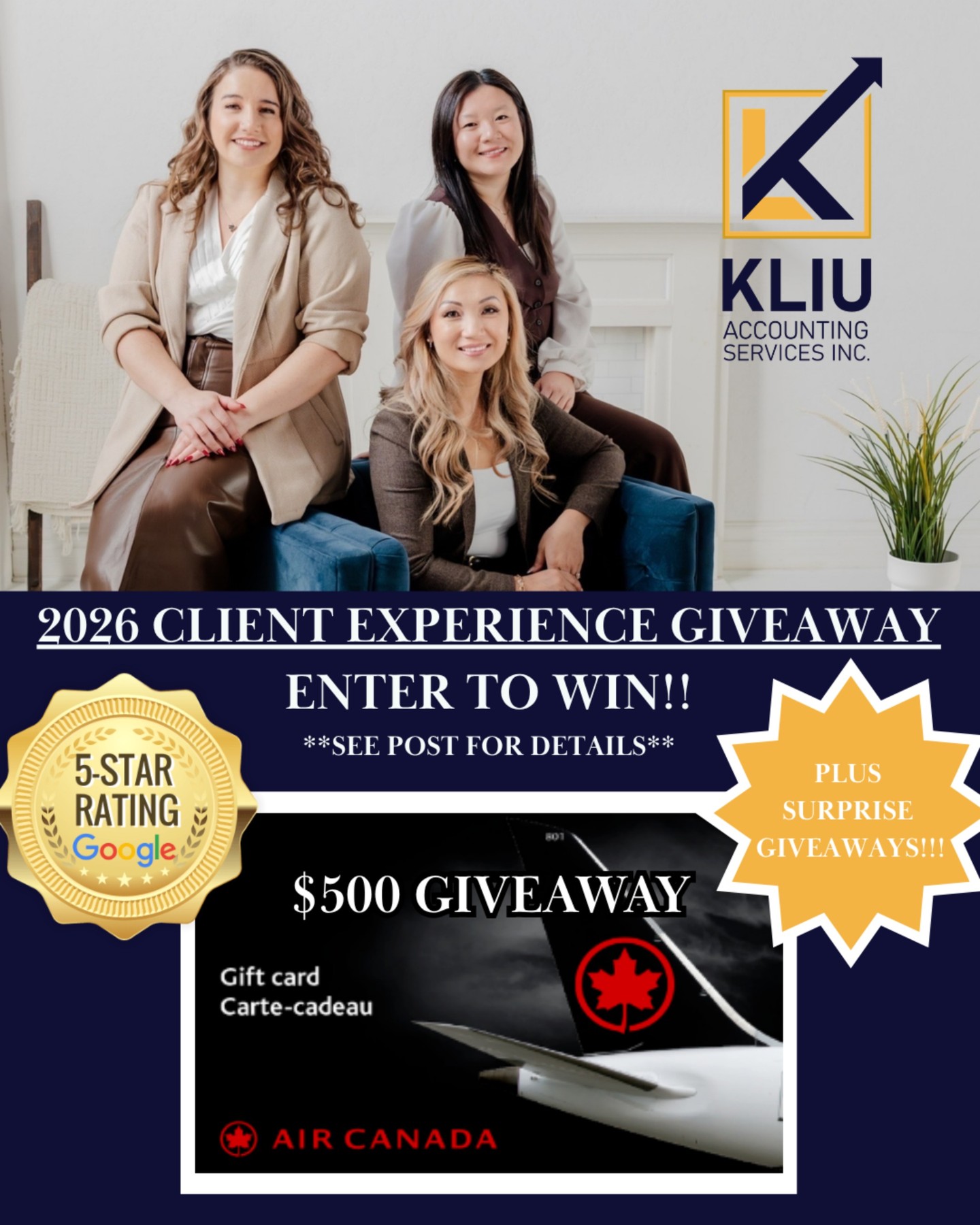 🎉 2026 Client Experience Giveaway! 🎉
We are celebrating our amazing clients in 2026! 💙
As a special thank-you for using our accounting and tax services, clients who share their experience will be entered into our exclusive client-only giveaway!
This year includes TWO separate draws for a $500 Travel Gift Card — giving you even more chances to win your next adventure! ✈️🌎
✨ Share your experience. Start your next adventure. ✨
Plus enjoy UNLIMITED chances to win surprise #SupportLocal giveaways throughout the year! 🎁
💝 GRAND PRIZE OPTIONS
🎁 $500 WestJet Vacations Travel Gift Card (OR)
🎁 $500 Air Canada Travel Gift Card
Gift card provided based on availability and may be issued for either WestJet or Air Canada.
📢 HOW TO ENTER
✅ Complete a tax preparation services engagement with our team during 2026.
✅ Leave @KLiuAccounting a Google Customer Review after your service.
Each client receives:
✔ 1 entry per review submitted toward the 2026 Client Experience Giveaway (two draws)
✔ Automatic entry into surprise #SupportLocal giveaways throughout the year.
_
✨ EARN ADDITIONAL ENTRIES
📱 Share or tag us in a social media post
📝 Complete a client survey
Each action = one additional draw entry!
📆 Draw Details
All giveaway draws will take place and be announced before December 31, 2026. Winners will be contacted by email (if available).
Need help with tax preparation services, small business bookkeeping, or business bookkeeping?
👉 Contact us through our LINK IN BIO 💼
Follow @KLiuAccounting for:
🎉 2026 Client Experience Giveaway winners
🎁 Surprise #SupportLocal giveaways
💡 Helpful tips on bookkeeping services, accounting and tax services
Let’s celebrate success, growth, and the moments that matter! 🎊
BEYOND NUMBERS | EMPOWERING SUCCESS
#Giveaway #ClientExperience #WinnipegGiveaway #Accounting #Bookkeeping #SupportSmallBusiness #WinnipegAccountant #ManitobaBookkeeper #ExploreMB #OnlyInThePeg #WinnipegSmallBusiness #SmallBusinessAccountant #SmallBusinessSupport #TaxAdvice #BusinessAccountantNearMe #TaxPreparationServices #AccountingAndTaxServices #BookkeepingServices #SmallBusinessBookkeeping #BusinessBookkeeping #TaxAccountant #ClientAppreciation