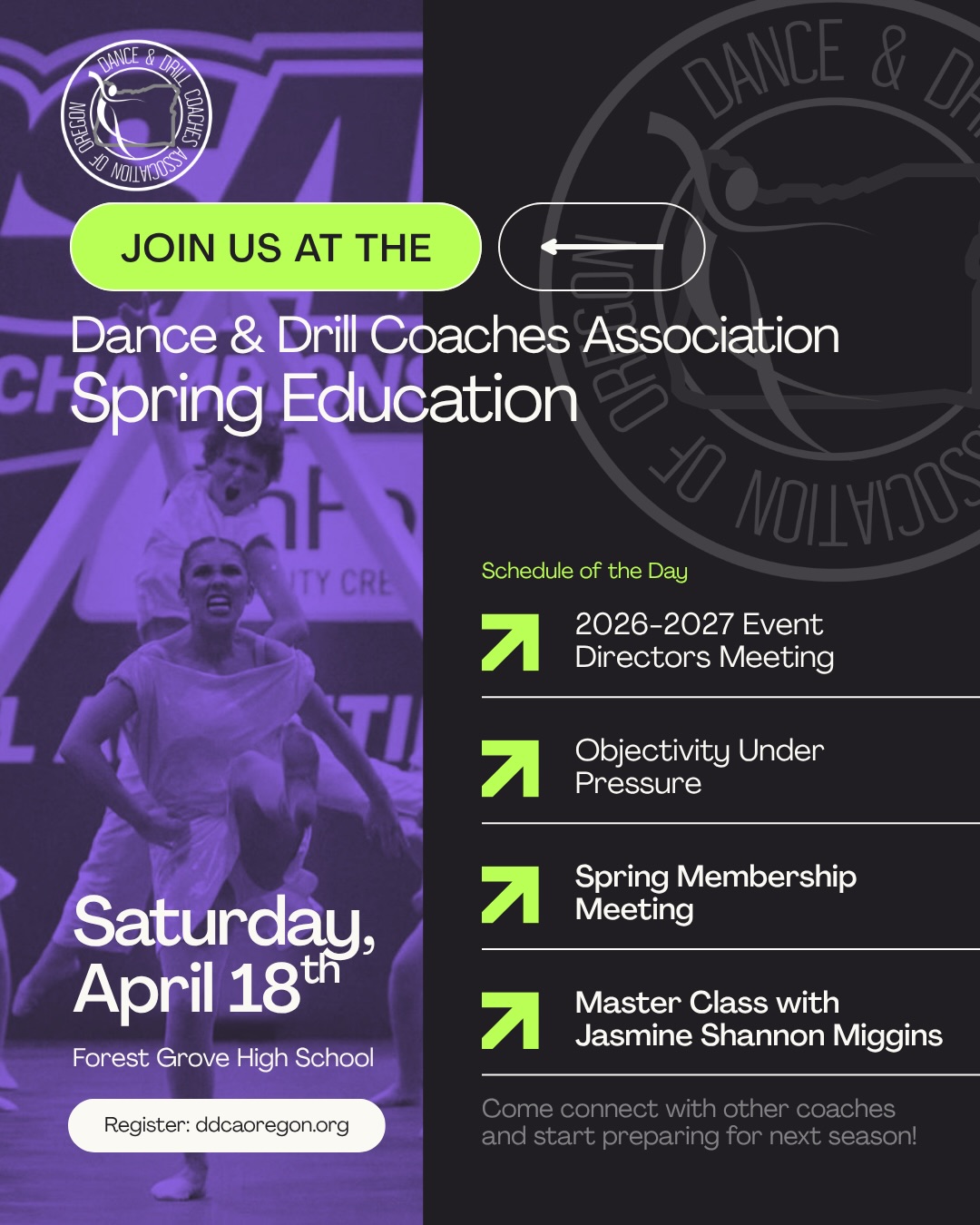 It’s almost time for Coaches Spring Education! There are some great opportunities this Saturday and we hope you’ll come join us! Sign up on our website for the Coaches Class and Master Class. Link in our bio & stories!
📍 Forest Grove High School
🕤 Event Directors Meeting
🕥 Coaches Education
🕛 Spring Membership Meeting
🕒 Master Class with Jasmine Shannon Miggins
#springeducation #2627season #coaches #masterclass #DDCA