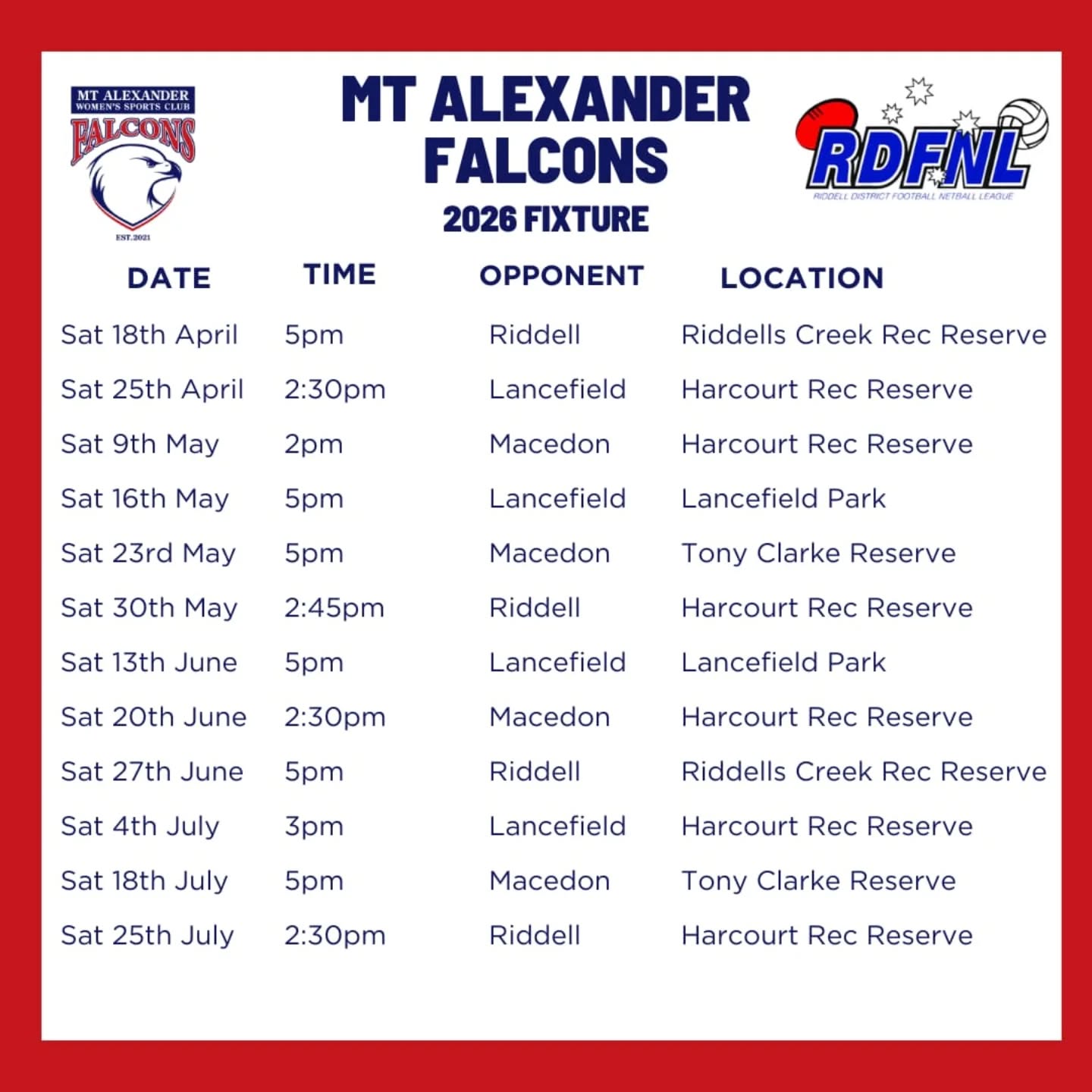 Our full fixture for Season 2026!
Plenty of opportunities to come cheer on your fave Falcs!