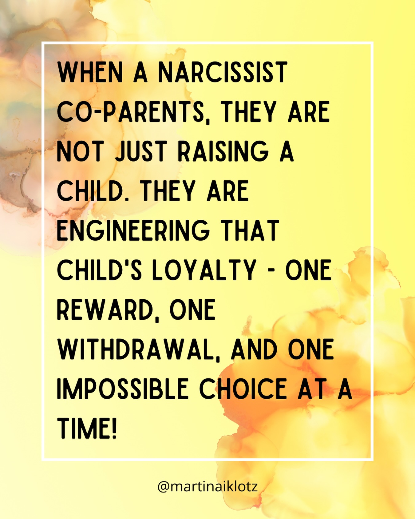 Most people think a narcissist turns a child against the other parent by saying terrible things about them.
Sometimes it does look like that.
But more often it is so much quieter than that.
A reward here.
A withdrawal there.
An impossible choice placed in front of a child who just wants to be loved by both of their parents.
Over and over and over again.
Until your child’s loyalty has been so quietly and so carefully constructed that even they do not realize it has happened.
That is what co-parenting with a narcissist actually looks like!
Not one big dramatic moment.
A thousand small calculated ones.
And your child - caught right in the middle of it - never had a chance to see it coming.
‼️ Disclaimer: this is for educational purposes only. None of what I share is legal or therapeutic advice, and it does not represent personal matters.