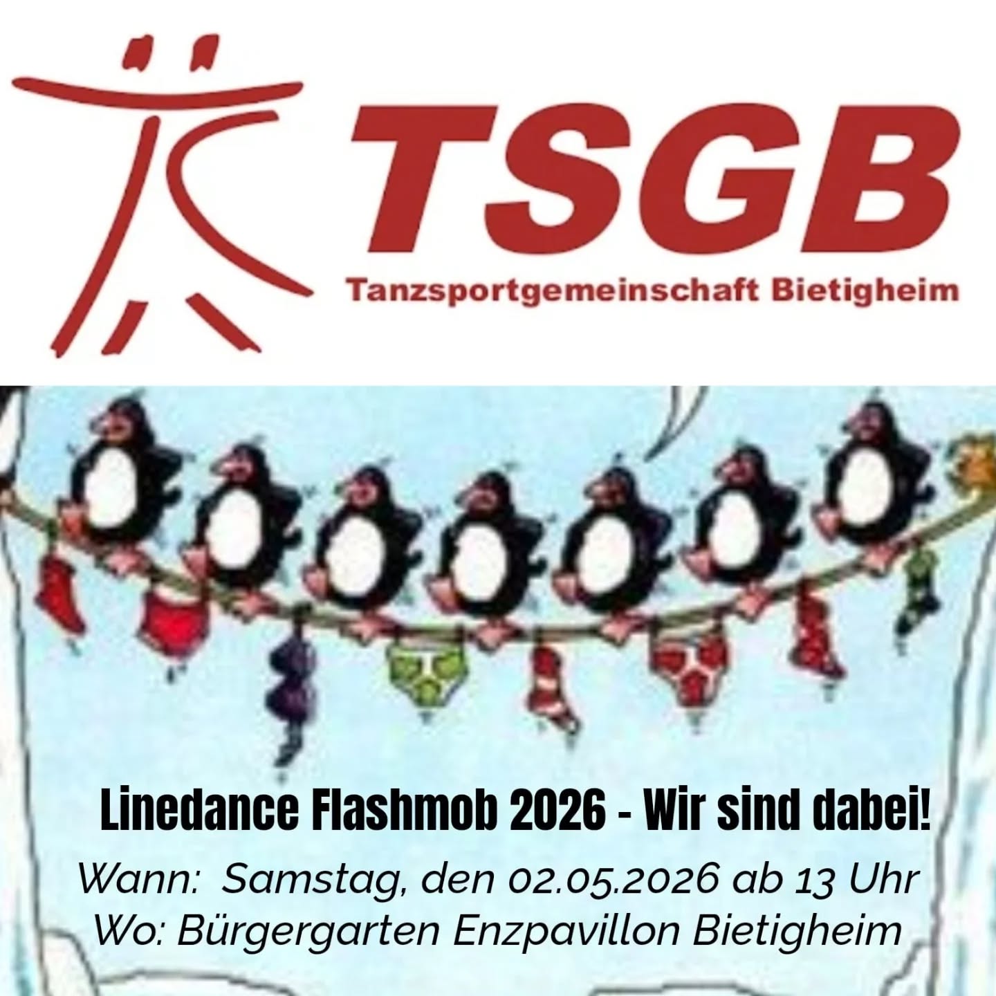 Linedance Flashmob 2026💃🕺
Am 2. Mai findet in Bietigheim ab 13 Uhr im Bürgergarten der Linedance Flashmob statt und wir sind dabei!
Kommt vorbei🫵
#dance #bietigheim #linedance #flashmob #tsg