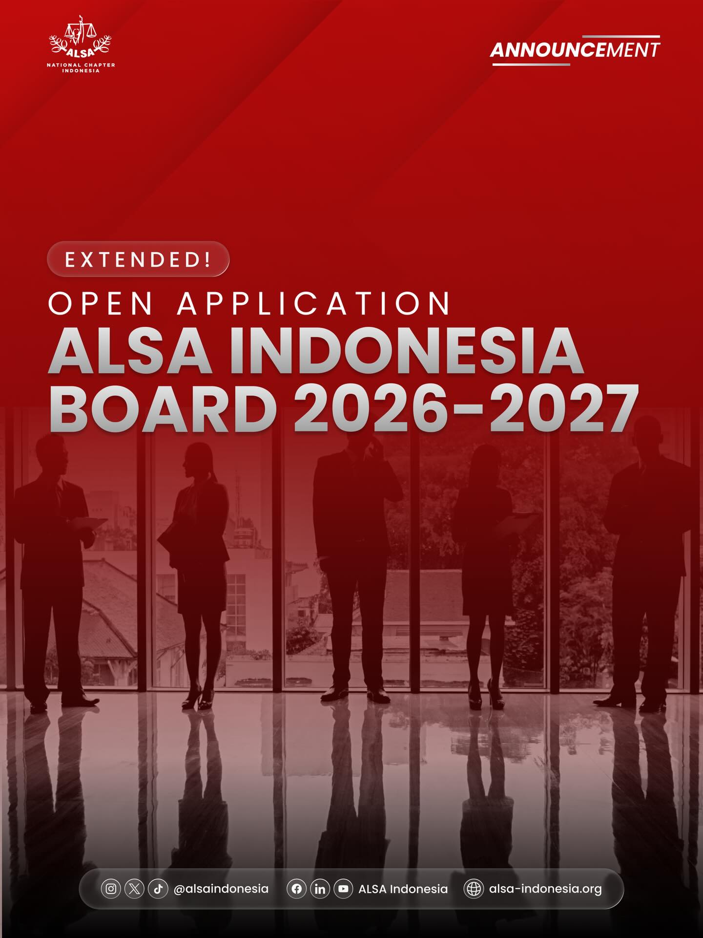 Warm Greetings, ALSAians!
To elevate ALSA Indonesia, we need more than just effort, we need synergy.
The National Board stands as a progressive backbone, serving as a catalyst for the next generation of legal leaders.
Step up and take your place.
Let’s create a meaningful impact together for the 2026-2027 term!
The journey starts with you.
ALSA, Always be One!
