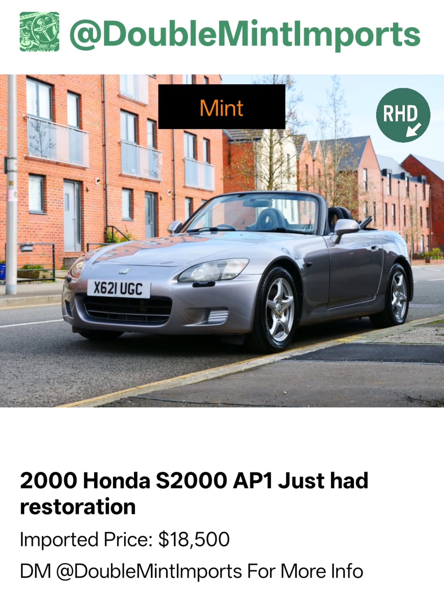 2000 Honda S2000 AP1 Just had restoration
Shipped Price(UK to NY): $18,500
(Includes All Fees: Conversion rate to USD, Shipping, Customs, UK Taxes and Admin Fees)
Mileage: Miles: 157000
SELLERS DESCRIPTION:
2000 Honda S2000 AP1 157k, MOT December 2026. For sale on consignment. Here we have for sale is a lovely s2000 that’s had a huge amount of work completed in the past year. It’s just undergone a substantial restoration having sills arches and a complete repaint. It was bought from its original owner after being sat for a while so has undergone a recommission. Mechanically it’s sweet. Recently had a light refresh, head gasket, complete new cooling system. Fully serviced. It drives so well. Pulls hard into Vtec and the gearbox is sweet. It has great history and has just been put through an MOT. Interior is in nice condition roof works as it should the soft top is in great condition. As mentioned above the body is beautiful. Paint has been done to a high standard. Its presents beautifully! Wheels have also been refurbished. This is an early more desirable version of these cult classics and the amount of money that has been spent on it in the last 12 months is near the asking price.
Random Quote: "Fill the tank, empty the stress."
****DM US FOR MORE INFO****
#honda #s2000 #ap1 #jdmcars #restoration