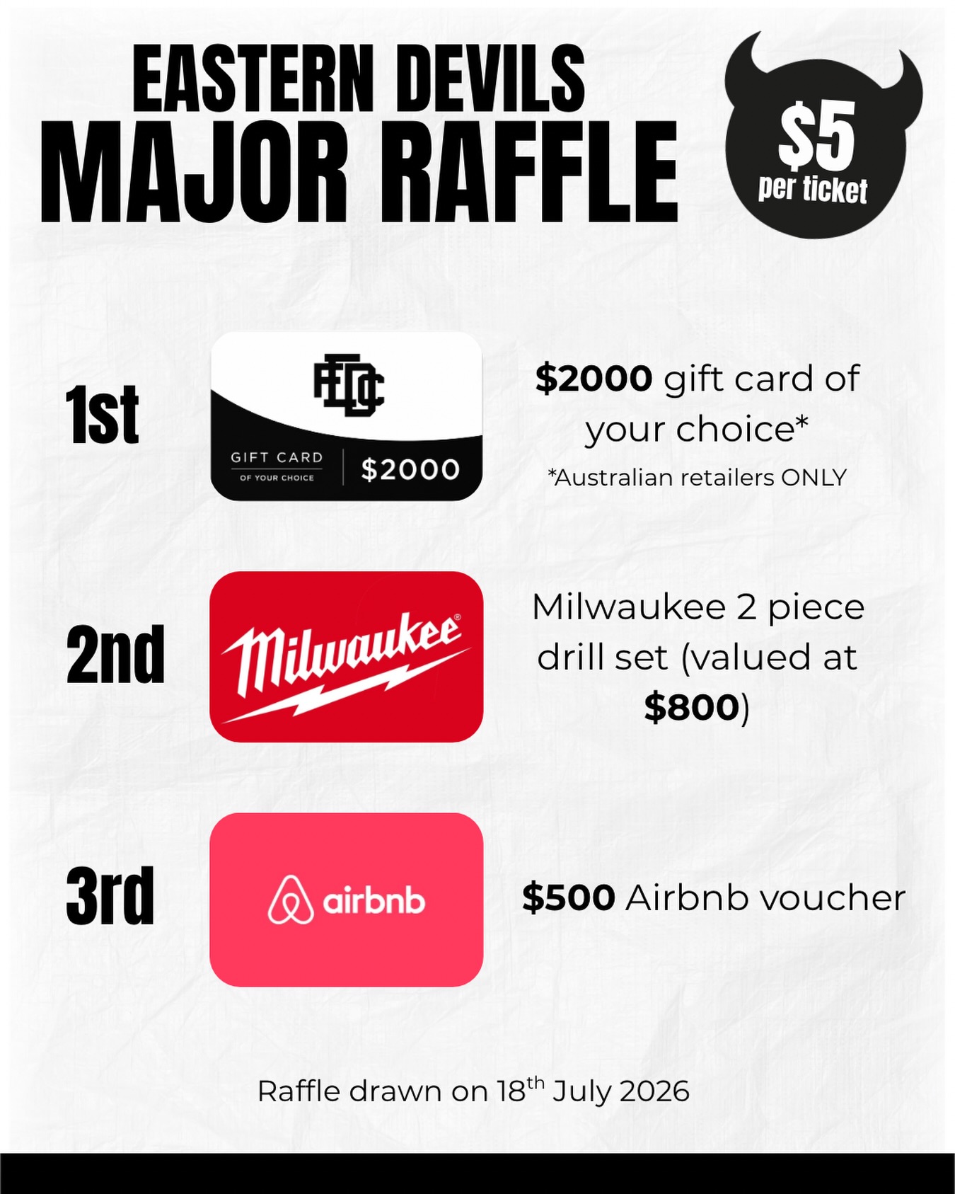 Our Major Raffle is back in full swing, with all proceeds going directly to the club. If you’ve been looking for ways to support The Devs, this is it!!! Your support means everything to us!
Tickets available via the link in bio.
$5 each, or 3 for $15 😉
Alternatively, you can reach out to your favourite Devil and they’ll sort you out 😈
Winners will be drawn at our Major Function on the 18th of July.
Please note: you do not need to be in attendance to claim your prize.