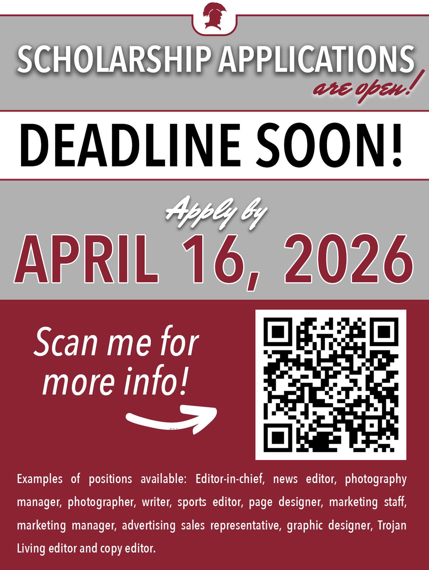 The deadline to apply for publications scholarships is rapidly approaching, apply NOW! 📚📰
