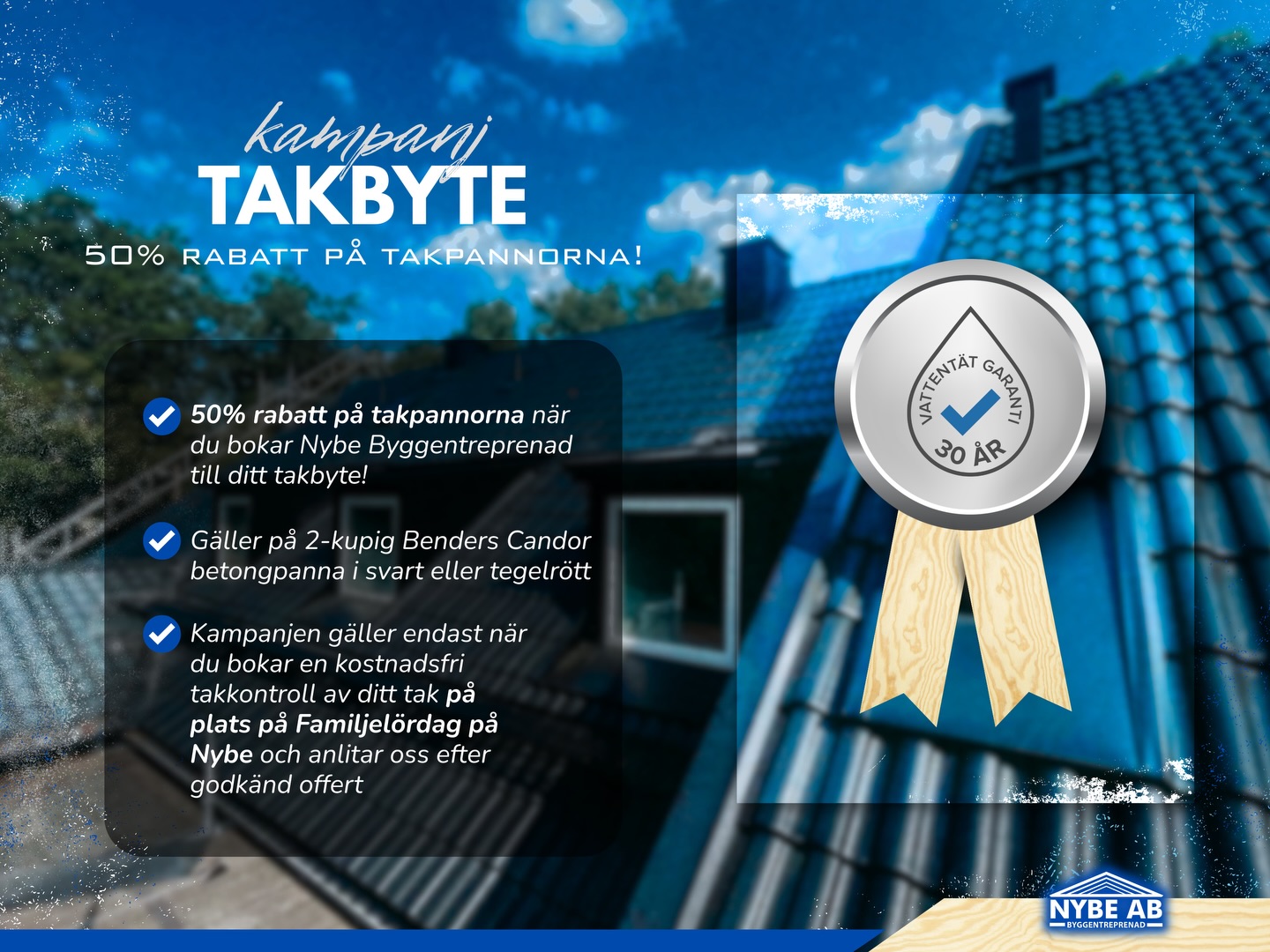 Du har väl inte missat lördagens takkampanj? 👀
Boka en kostnadsfri takkontroll på plats på Familjelördag på Nybe och få 50% rabatt på takpannorna när du anlitar oss till ditt takbyte! 🔨✨
Vi är även certifierade SolutionTak-entreprenörer, vilket innebär att du får en trygg och långsiktig lösning med hela 30 års vattentät garanti på underlagstaket 🏆
Vi ses på vårens BÄSTA familjefest på lördag!
👉🏻 25 april 09.00-14.00
👉🏻 Kullavägen 5, Eneryda
👀 Läs mer om lördagens alla aktiviteter i @bolisteneryda’s flöde
#NybeByggentreprenad • #FamiljelördagPåNybe