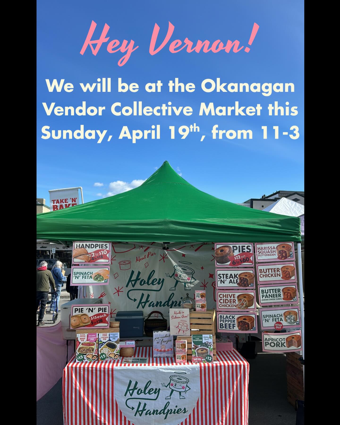 Hey Vernon! Come and stock up on pies at the Okanagan Vendor Collective market this Sunday, April 19th, from 11-3!
📍Home Building Center (parking lot)
4601 27th Street, Vernon, BC
We will also be there April 26th, May 24th & 31st! 🥧