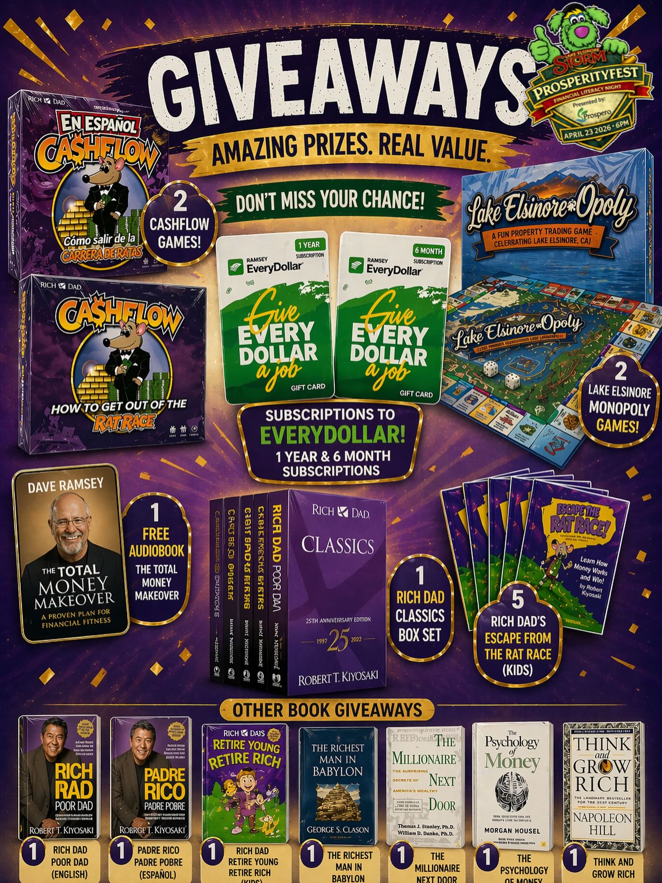 🎉 GIVEAWAYS ON GIVEAWAYS!! 🎉
We’re bringing the VALUE to Prosperity Fest ⚾💚
From games 🎲 to books 📚 to financial tools 💳… we’re giving away REAL resources to help you and your family grow.
🔥 CASHFLOW games (English & Spanish)
🔥 Lake Elsinore Monopoly
🔥 Rich Dad book sets + kids books
🔥 Dave Ramsey audiobooks
🔥 EveryDollar subscriptions
🔥 And MORE…
💥 Plus games, vendors, and a full night at the ballpark!
🎟️ Tickets are just $20 (includes parking + food voucher)
📍 Storm Stadium – April 23 @ 6:05PM
Come for the game… leave with something that can change your future 🙌
👇 Tag someone you’re bringing with you
