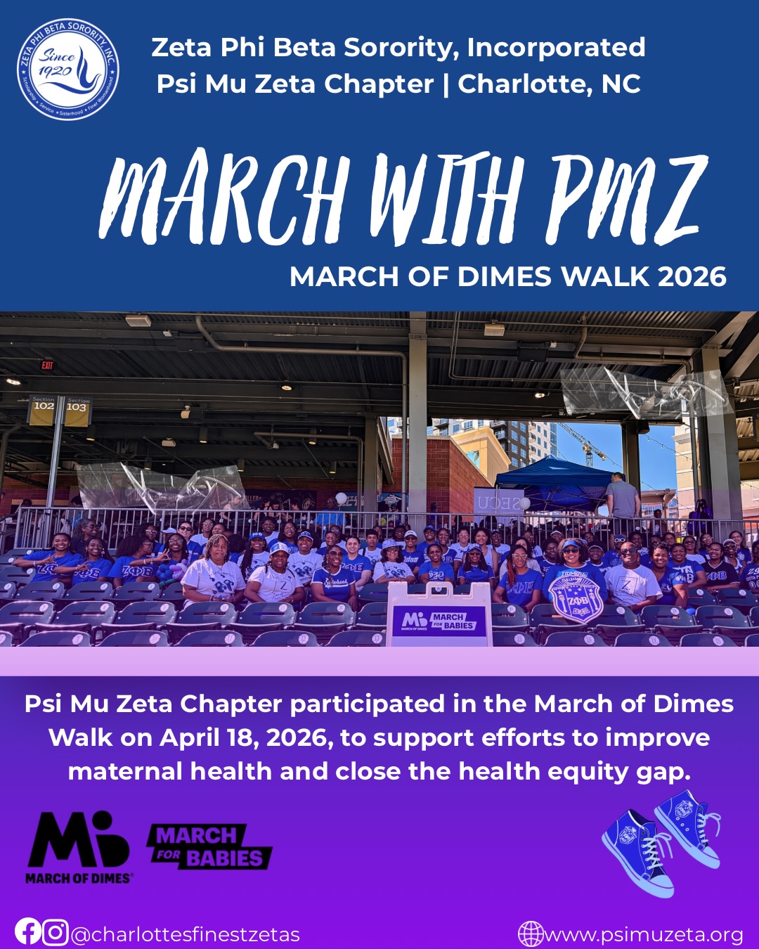 This past weekend, Psi Mu Zeta proudly participated in the March of Dimes Walk, raising funds and awareness to improve maternal health and close the health equity gap. We are especially proud of Soror Shelby Allen, who served as the Greater Charlotte Event Chair, and Soror Carla Clarke, who energized participants with a pre-walk warm-up. Joined by our undergraduates—Delta Phi and Sigma Upsilon Chapters—and our youth affiliates, we walked with purpose and impact. There’s still time to support—donations are still being accepted to help advance maternal and infant health.
https://www.marchforbabies.org/team/ZetaPhiBetaPMZ
#zetaphibeta #psimuzeta #charlottesfinestzetas #zphib1920