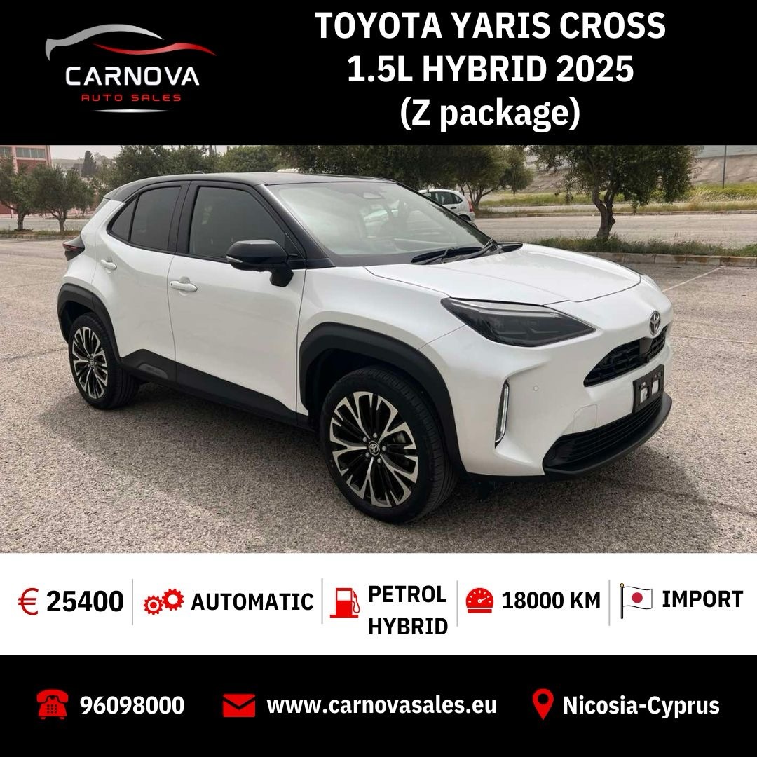‼️For Sale‼️ 🇯🇵Japan import
‼️In Stock‼️
Toyota Yaris Cross Hybrid 2025 – Z Package
Grade:5A
(Full Feature List)
✅Automatic
✅18k km Warranty
✅1.5L Hybrid engine (Toyota Hybrid System)
✅e-CVT automatic transmission
✅Excellent fuel economy & low emissions
✅Front-wheel drive
✅Multiple drive modes (Eco / Normal / Power)
✅Full digital instrument cluster
✅Large multimedia touchscreen
✅Apple CarPlay & Android Auto support
✅Semi-leather (part-leather) seats
✅Heated front seats
✅Automatic air-conditioning / climate control
✅Smart-entry & push-button start
✅Leather-wrapped multifunction steering wheel
✅Adjustable rear seats (60/40 split)
✅Multiple storage compartments
✅High driving position (SUV style)
✅360° panoramic camera
✅Front & rear parking sensors
✅USB ports / Bluetooth connectivity
✅Digital driving modes & on-screen vehicle info
✅Auto-dimming rearview mirror
✅Safety & Driver Assistance (Toyota Safety Sense)
✅Pre-Collision System with pedestrian detection
✅Adaptive Cruise Control (Radar Cruise)
✅Lane Departure Alert
✅Lane Tracing Assist (keeps car centered in lane)
✅Blind-Spot Monitor
✅Rear Cross-Traffic Alert
✅Road Sign Assist (reads traffic signs)
✅Automatic high beam headlights
✅Full LED headlights & LED fog lights
✅Stability control, traction control, ABS airbags
✅18-inch alloy wheels
✅ LED daytime running lights
✅LED rear combination lights
✅Apple Car Play
✅Android Car Play
✅On the road price
Including ( sva,mot,service, new registration )
✅2 Years warranty
❇️Δεκτός οποιοσδήποτε έλεγχος απο τον Μηχανικό/ ισιωτή σας σε οποια πόλη βρίσκετε!
Price:€25400
☎️99979960, 96098000
#cars #autosales #cyprus #toyota #automotive