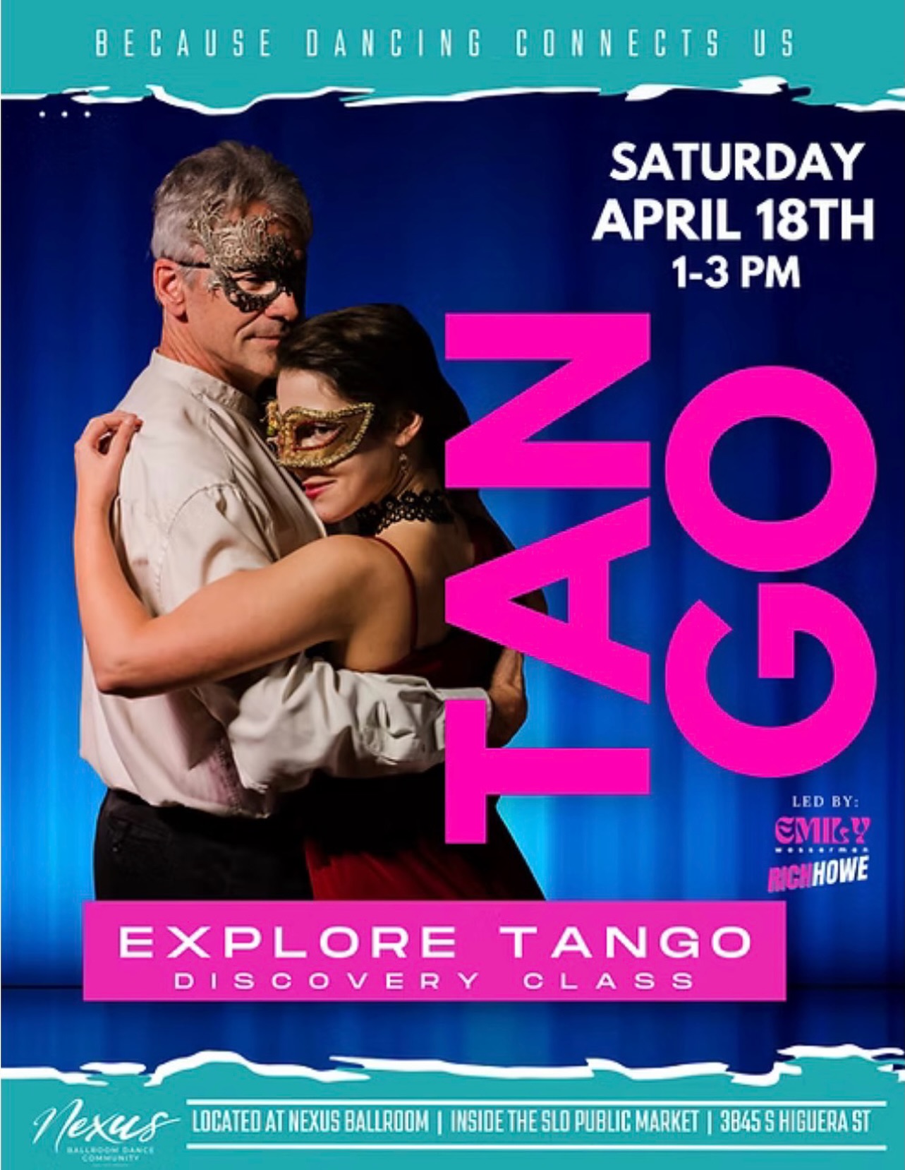 Discover Tango!
This event is for people to explore and discover Tango
Very beginner and experienced friendly!
As an added bonus this event is good for socializing and meeting new people!
Join us Saturday 1-3pm
