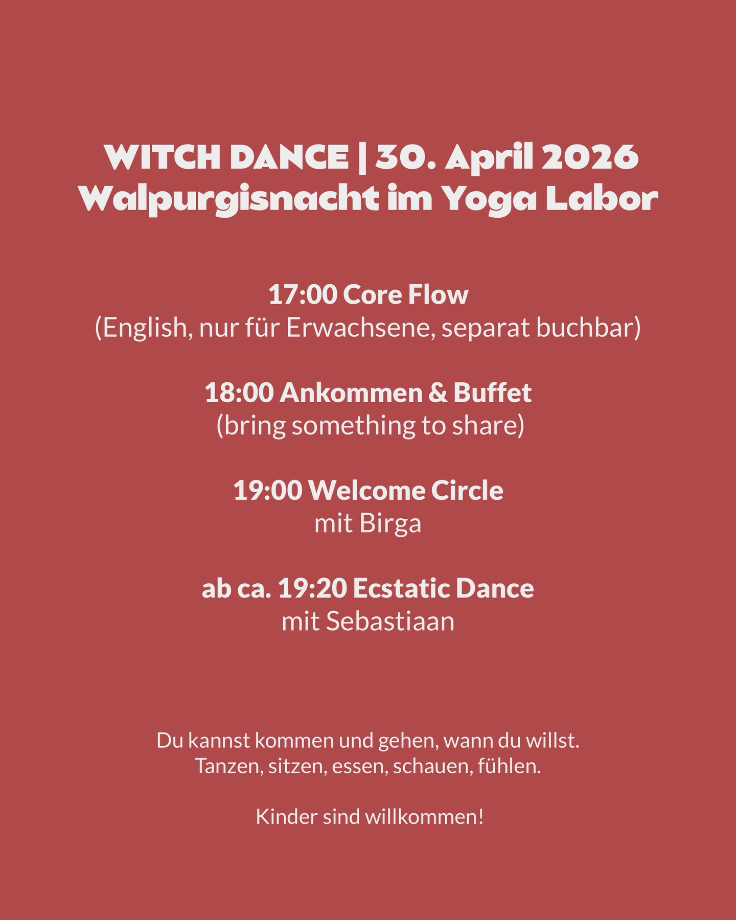 Tanz mit uns in den Mai hinein!
Wir freuen uns, mit euch gemeinsam unsere Walpurgisnacht zu feiern!
Auch Kinder sind herzlich willkommen!
#yogalabor #tanzindenmai #schöneweide #events